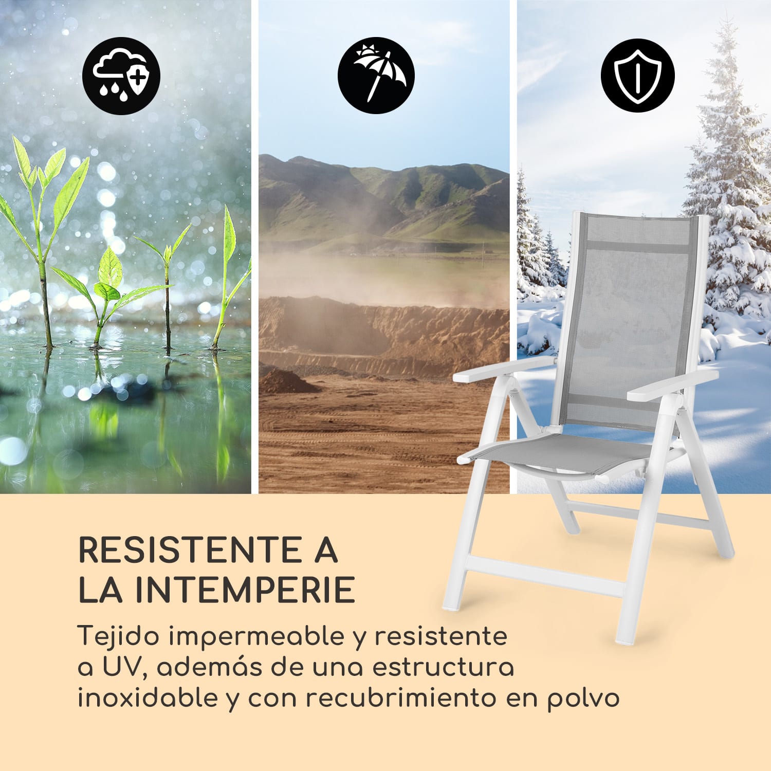 Cádiz Juego de 2 sillas plegables 59,5 x 107 x 68 cm ComfortMesh Aluminio Blancas Blanco / Gris Medio