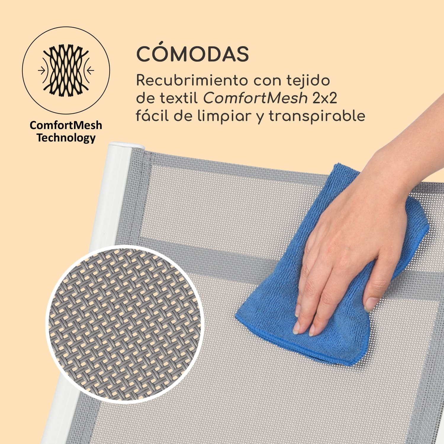 Cádiz Juego de 2 sillas plegables 59,5 x 107 x 68 cm ComfortMesh Aluminio Blancas Blanco / Gris Medio