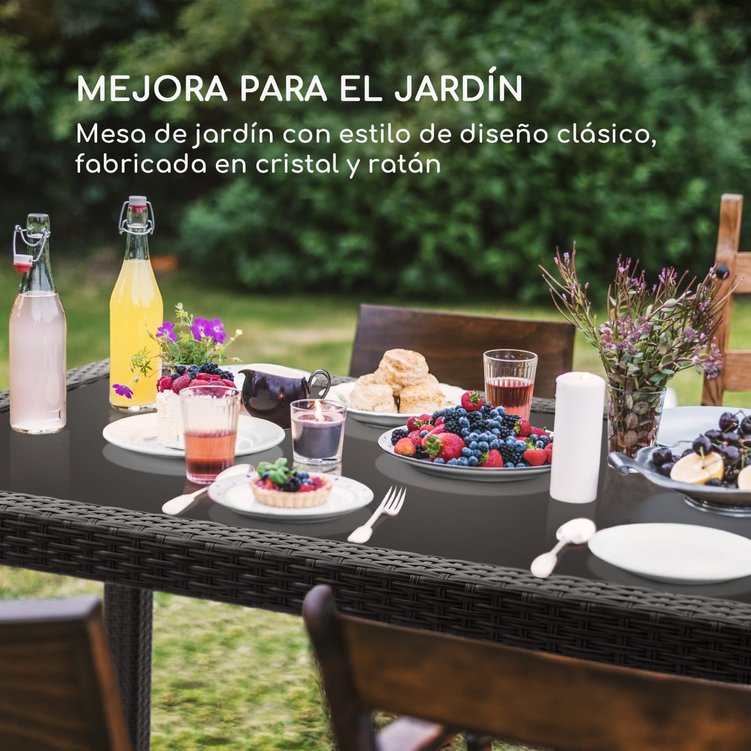 Peniche Mesa de jardín 150 x 90 cm Polyrattan aluminio vidrio negra Negro