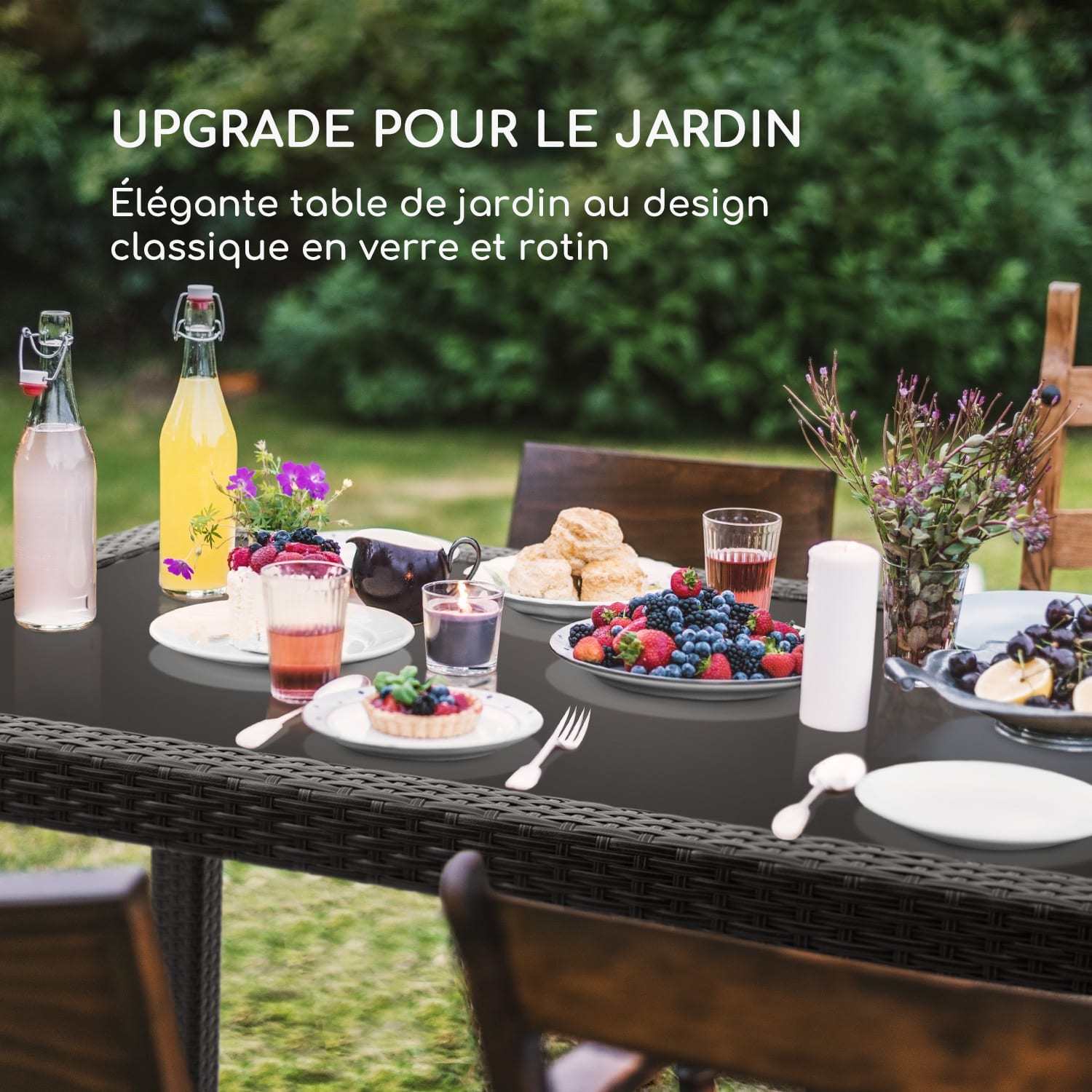 Peniche Table de jardin 150 x 90 cm polyrotin aluminium & verre noir Noir