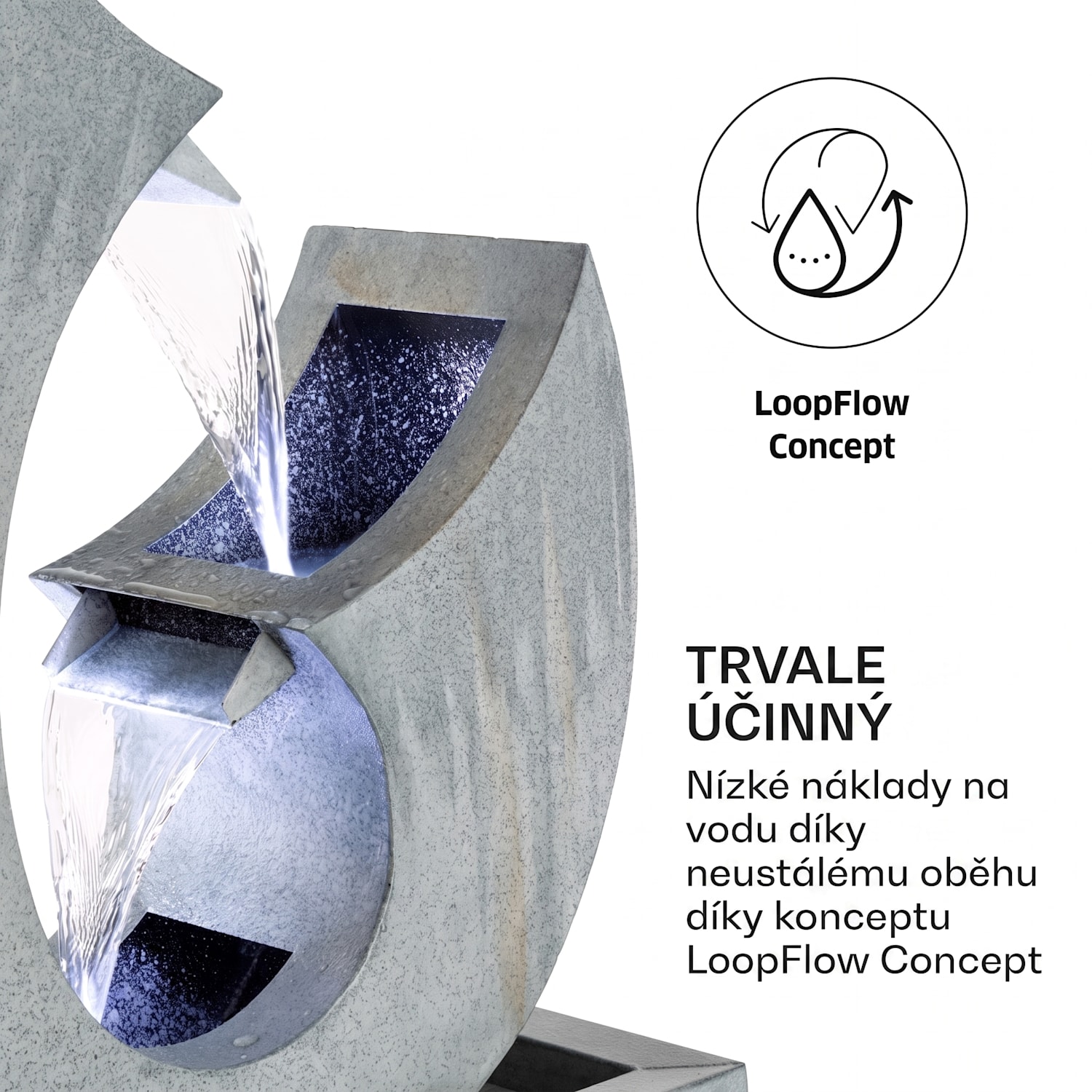 Trumpet Flow, zahradní fontána, pumpa 8 W, pozinkovaný kov, LEDky 