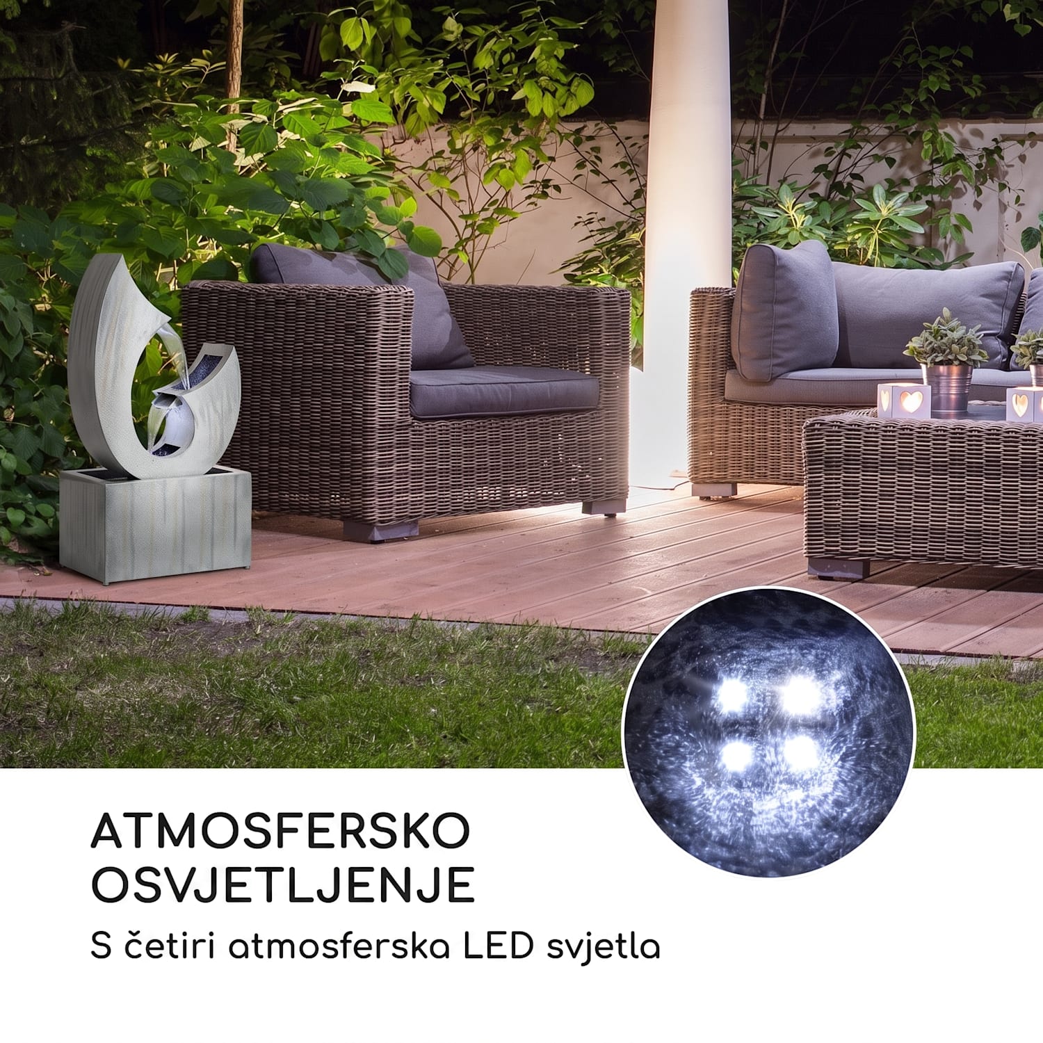 Trumpet Flow, vrtna fontana, 4 LED, crpka 8 W, pocinčana 