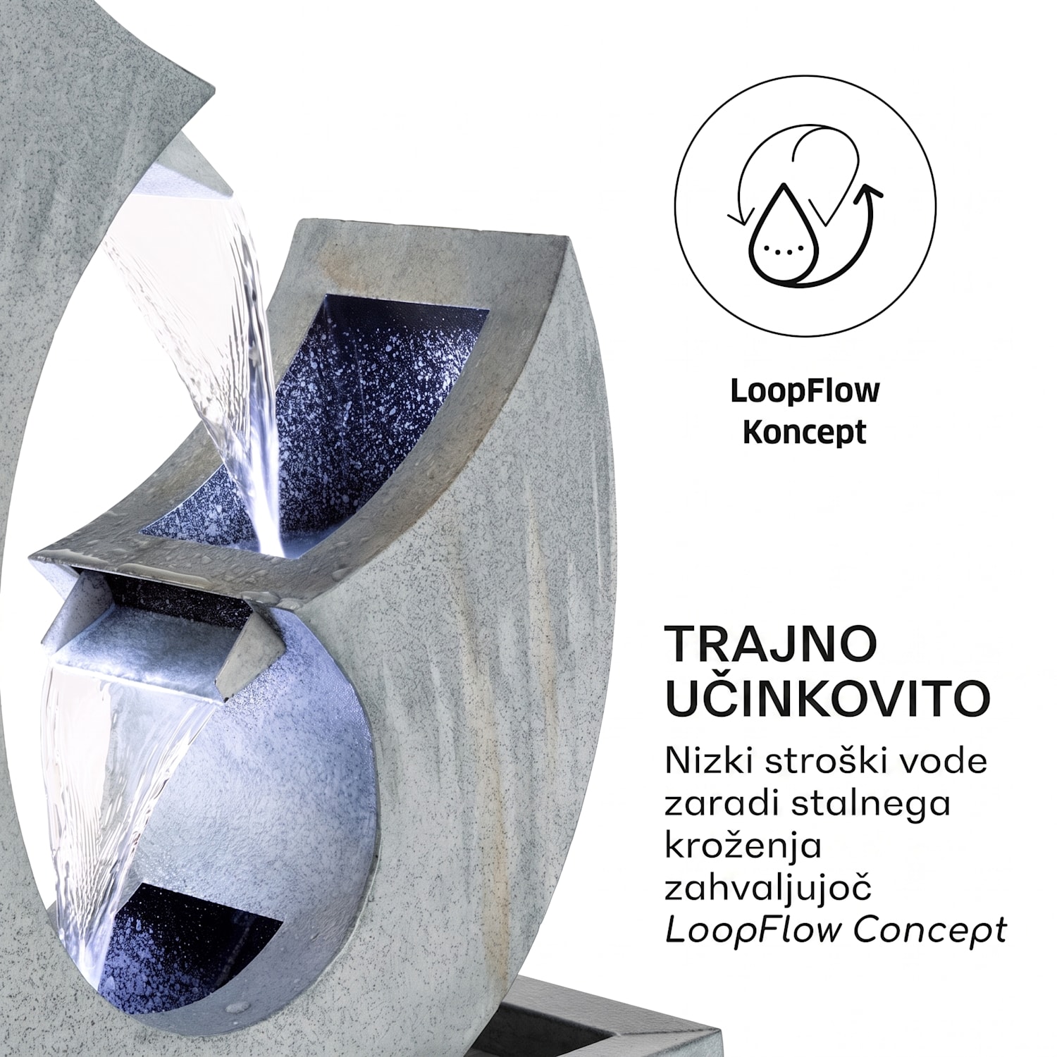 Trumpet Flow, vrtna fontana , 8 W, pocinkana kovina, LED-diode 