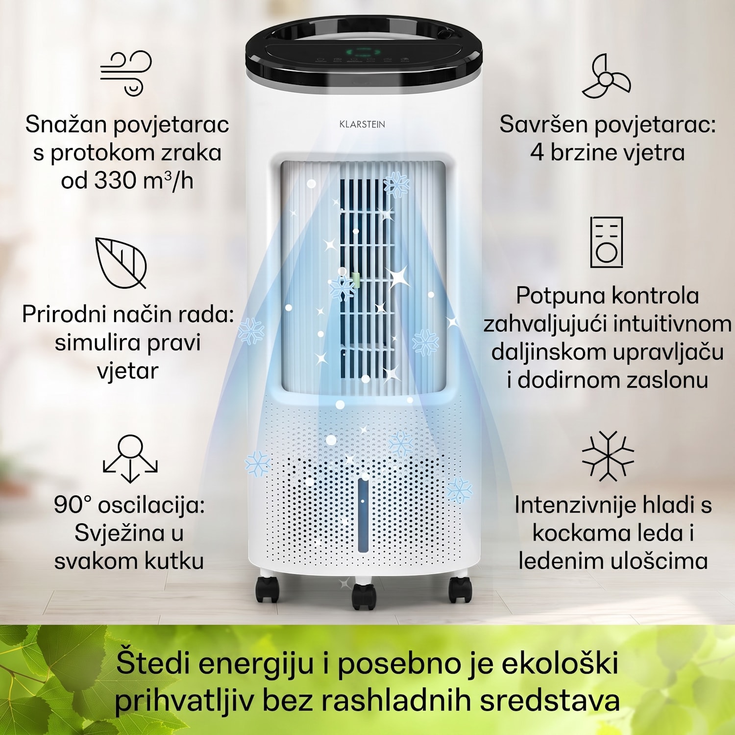 IceWind Plus, 4 u 1 rashlađivač zraka, ventilator, ovlaživač zraka, pročistač zraka, 330 m³ / h, 65 W, 7 litara, 4 brzine, oscilacija, ionizator, tajmer, daljinski upravljač, mobitel 330 m³/h | Ne | Bijela