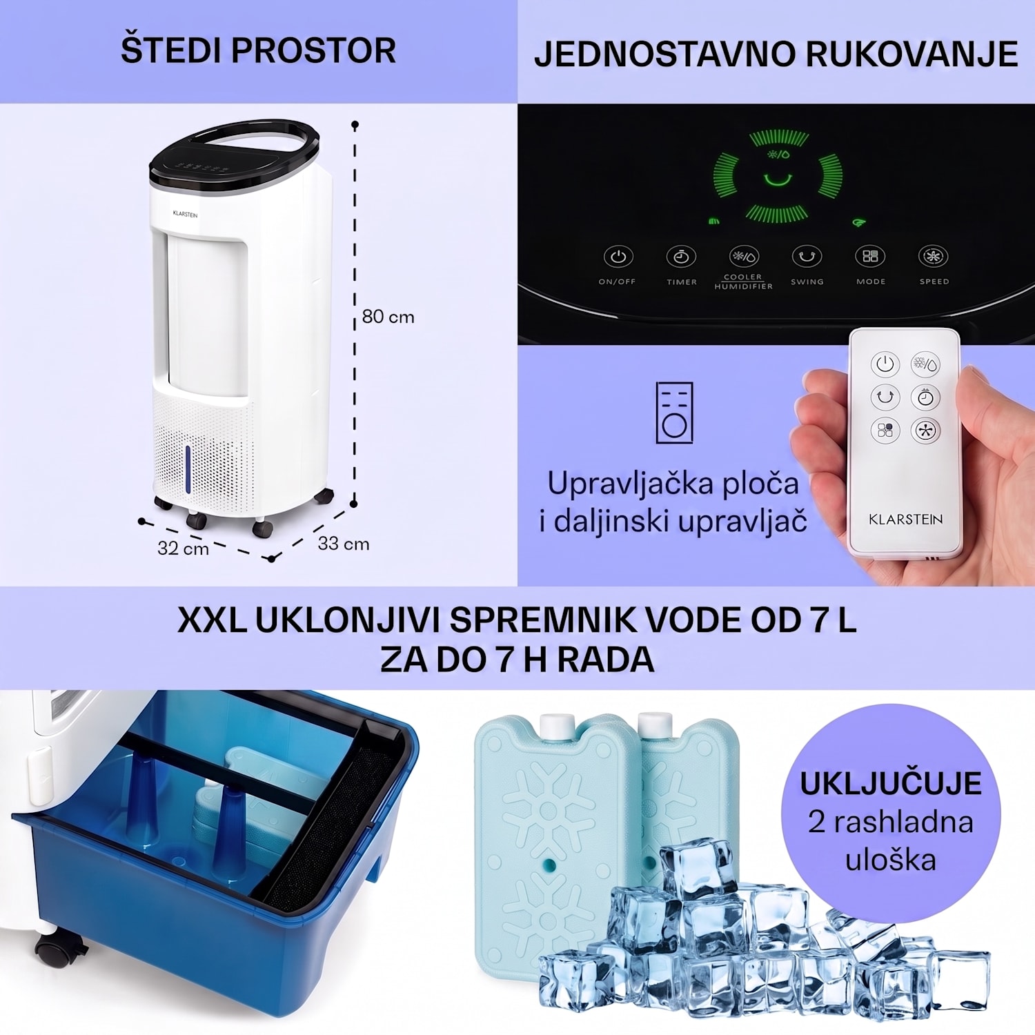 IceWind Plus, 4 u 1 rashlađivač zraka, ventilator, ovlaživač zraka, pročistač zraka, 330 m³ / h, 65 W, 7 litara, 4 brzine, oscilacija, ionizator, tajmer, daljinski upravljač, mobitel 330 m³/h | Ne | Bijela