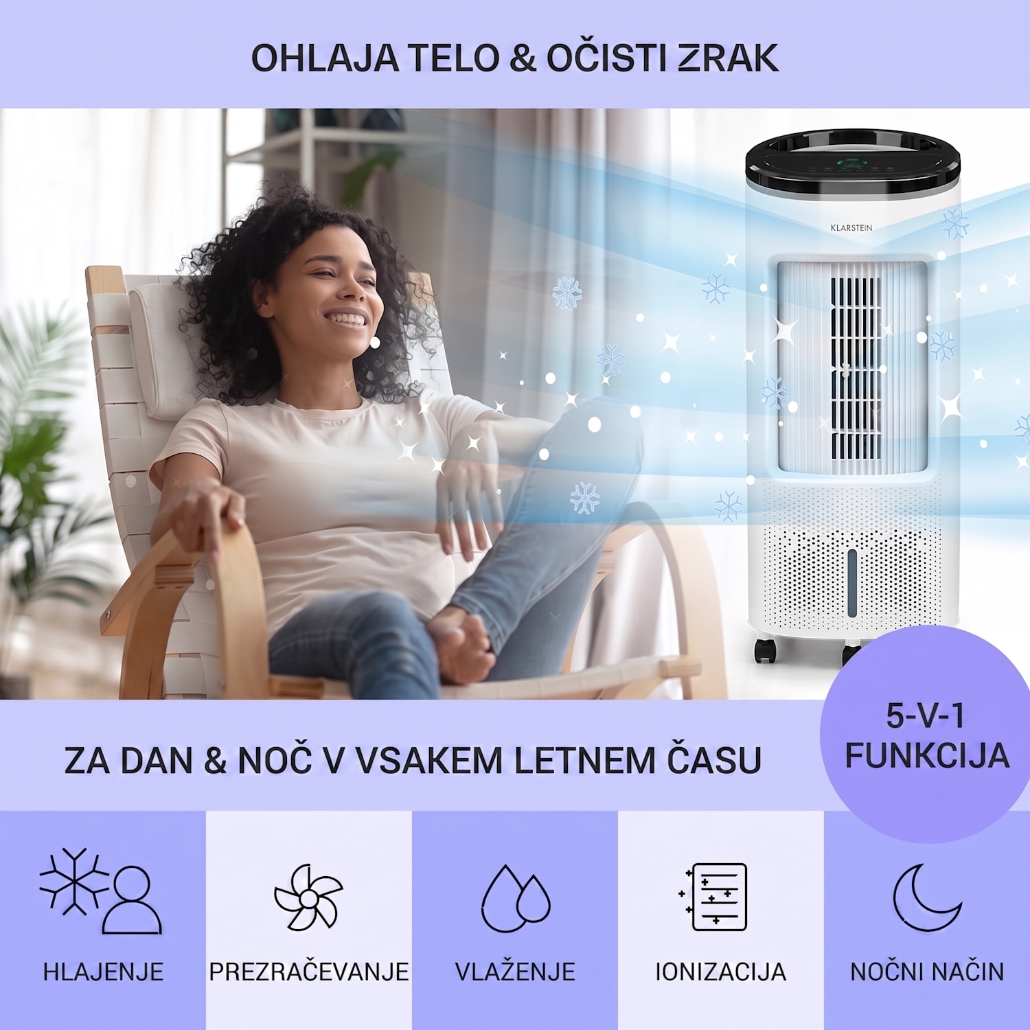 IceWind Plus, hladilnik zraka 4 v 1, ventilator, vlažilec zraka, čistilec zraka, 330 m³ / h, 65 W, 7 litrov, 4 hitrosti, nihanje, ionizator, časovnik, daljinski upravljalnik, mobilen 330 m³/h | Ne | Bela
