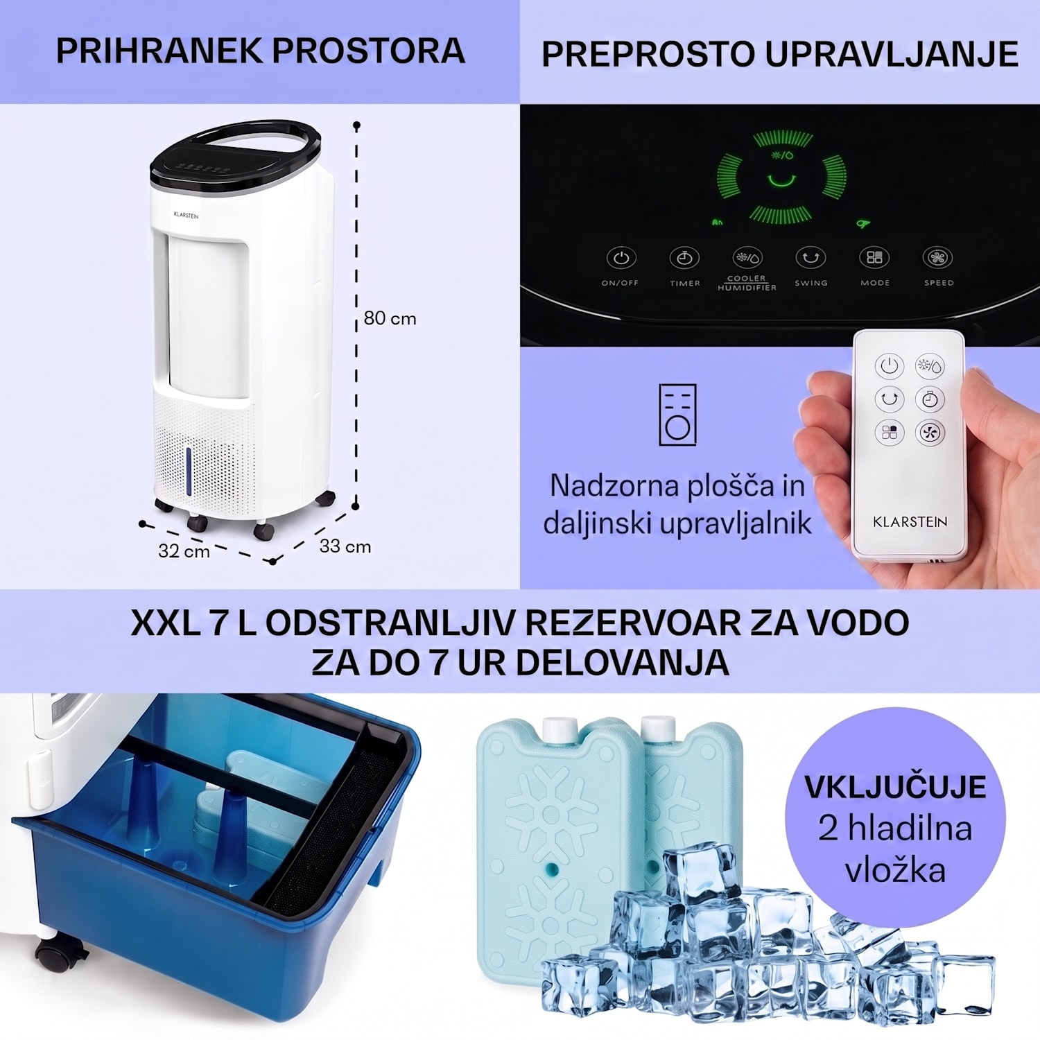 IceWind Plus, hladilnik zraka 4 v 1, ventilator, vlažilec zraka, čistilec zraka, 330 m³ / h, 65 W, 7 litrov, 4 hitrosti, nihanje, ionizator, časovnik, daljinski upravljalnik, mobilen 330 m³/h | Ne | Bela
