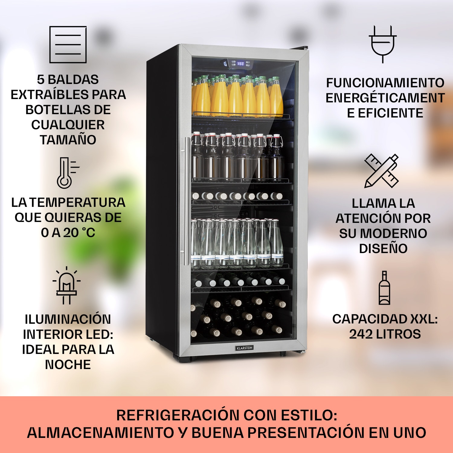 Nevera Beersafe 7XL 242 litros 5 estantes puerta panorámica de cristal acero inoxidable 242 L | Acero Inoxidable