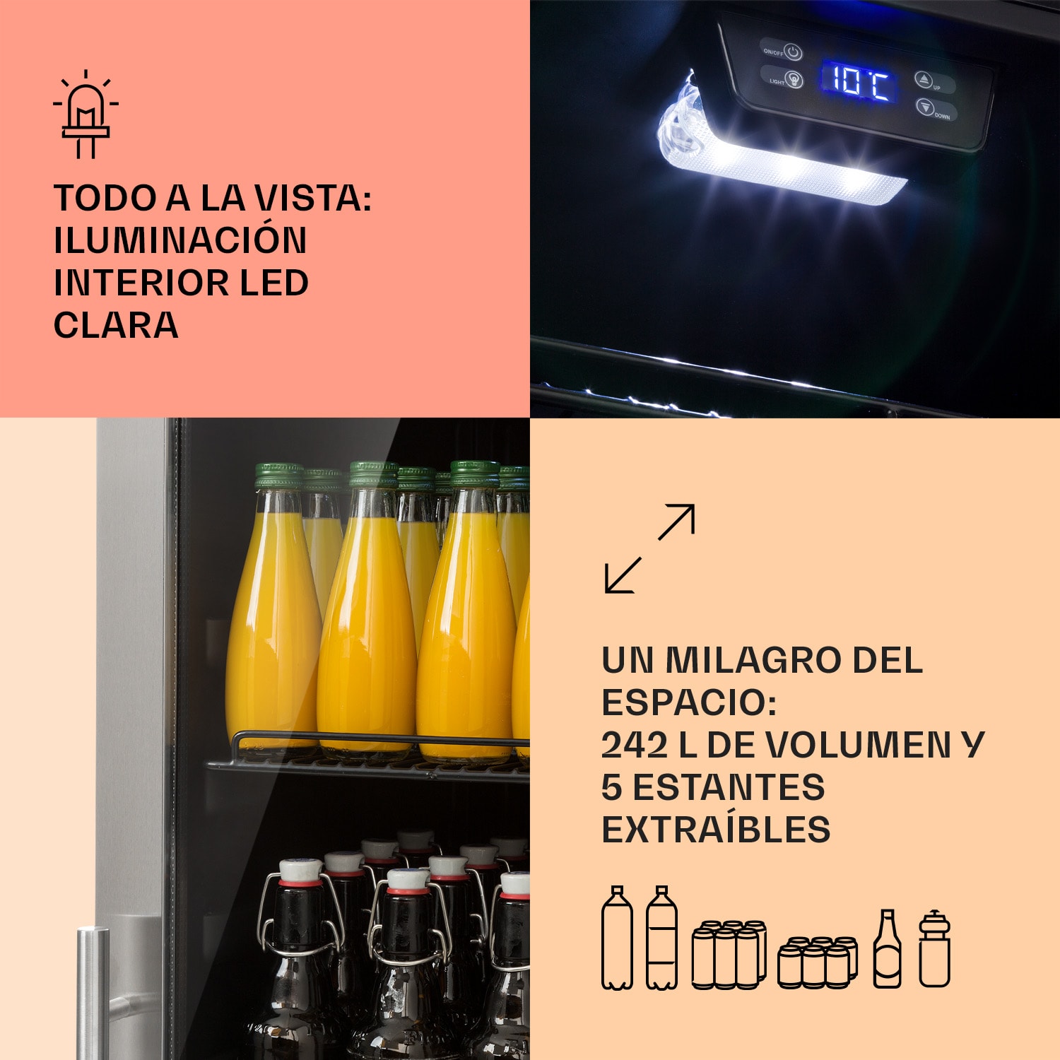 Nevera Beersafe 7XL 242 litros 5 estantes puerta panorámica de cristal acero inoxidable 242 L | Acero Inoxidable