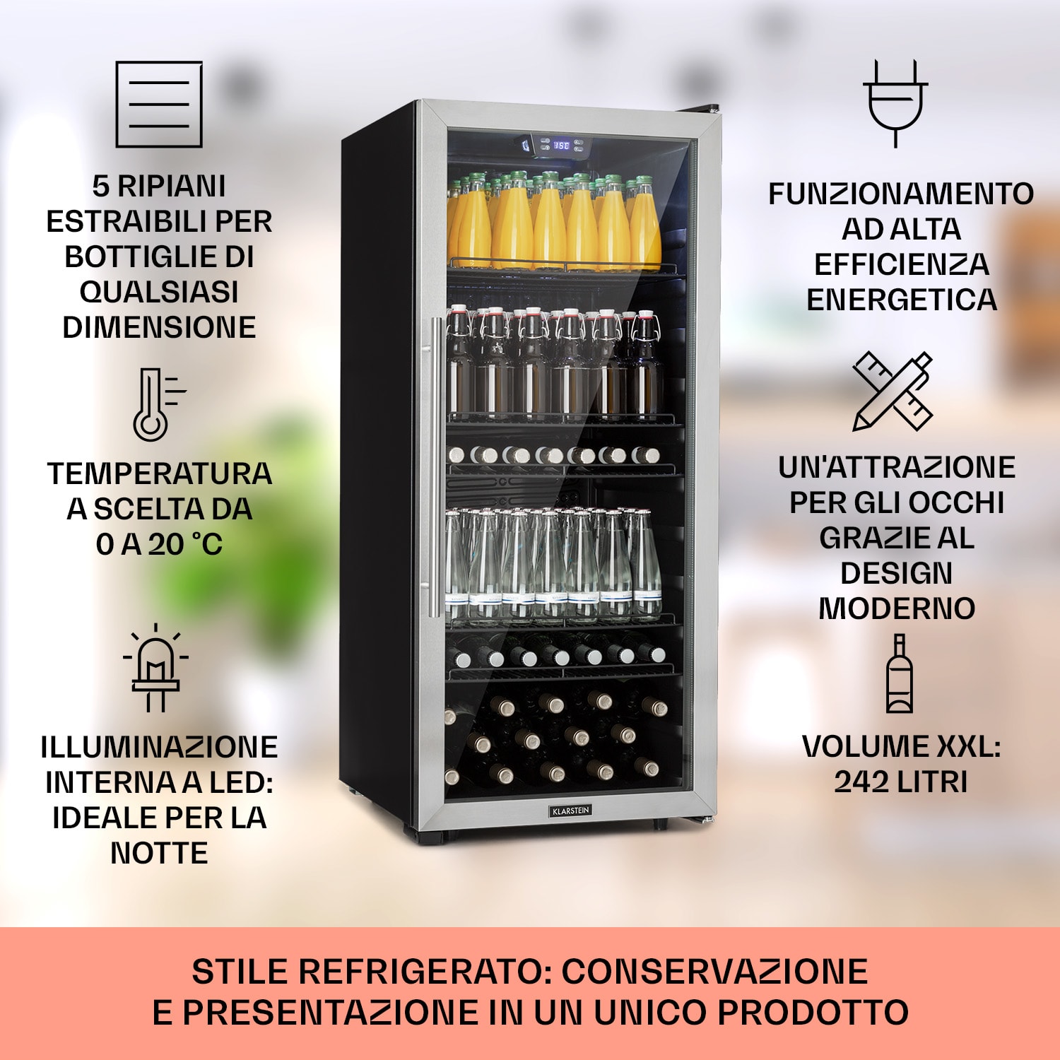 Beersafe 7XL - Frigorifero, 242 litri, 5 ripiani, sportello panoramico in vetro, acciaio inox 242 L | Acciaio inox