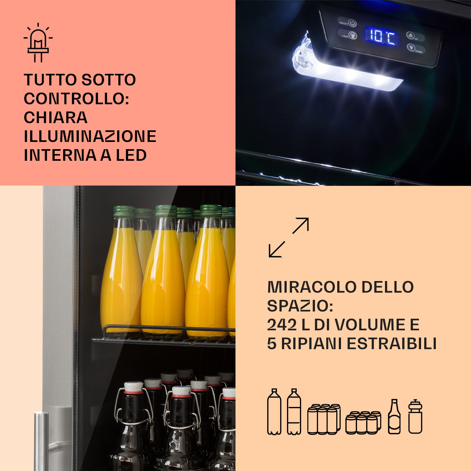 Beersafe 7XL - Frigorifero, 242 litri, 5 ripiani, sportello panoramico in vetro, acciaio inox 242 L | Acciaio inox