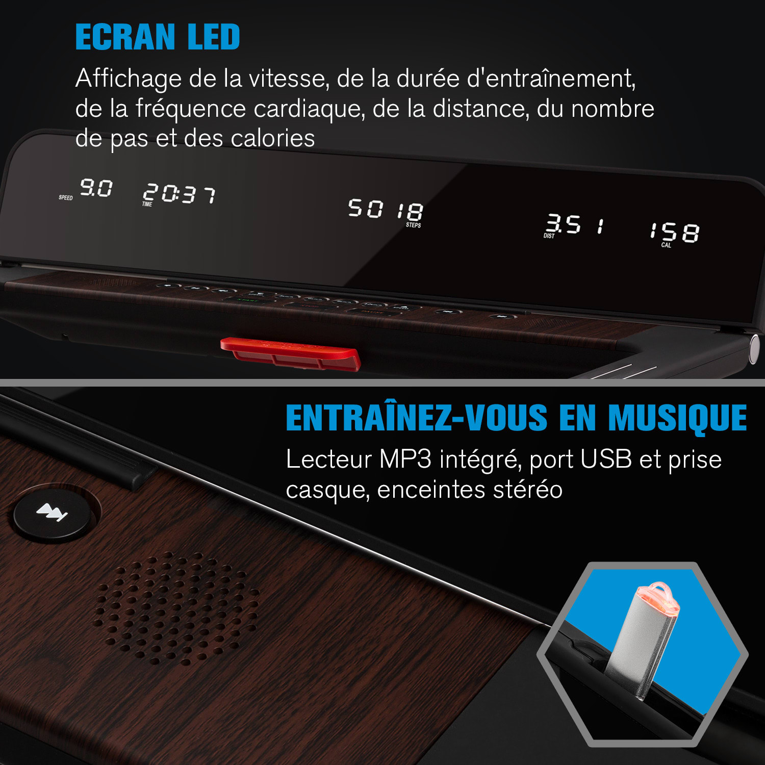 Outrun 2XC Tapis de course 1-12 km/h écran LED design bois 