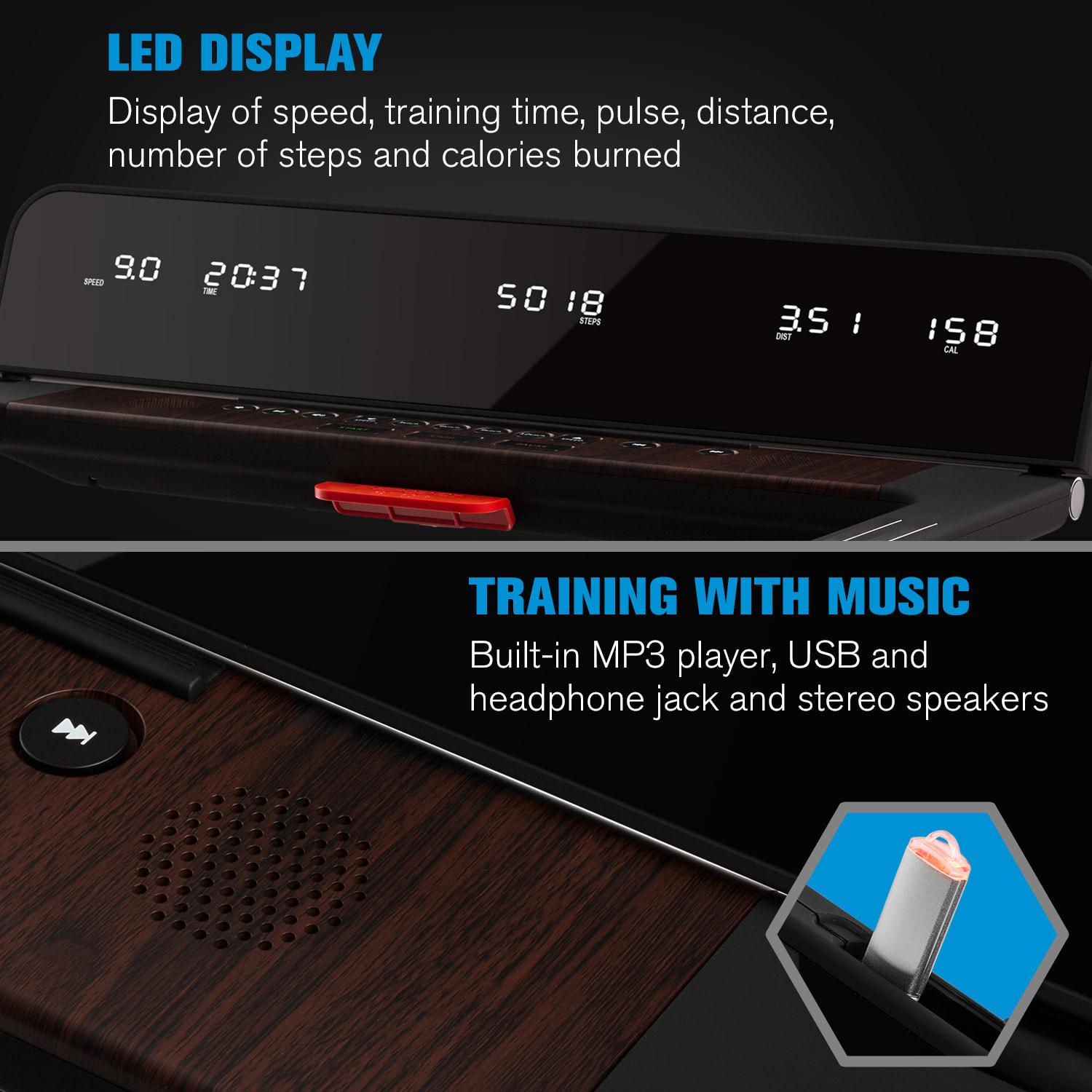 OUTRUN 2XC, bandă de alergare, 1 - 12 km/h, afișaj cu LED, decor din lemn 