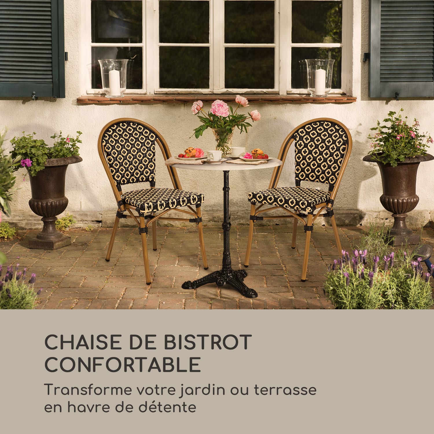 Montbazin BL Set 2 chaises de jardin style bistrot alu + polyrotin noi Crème / Noire
