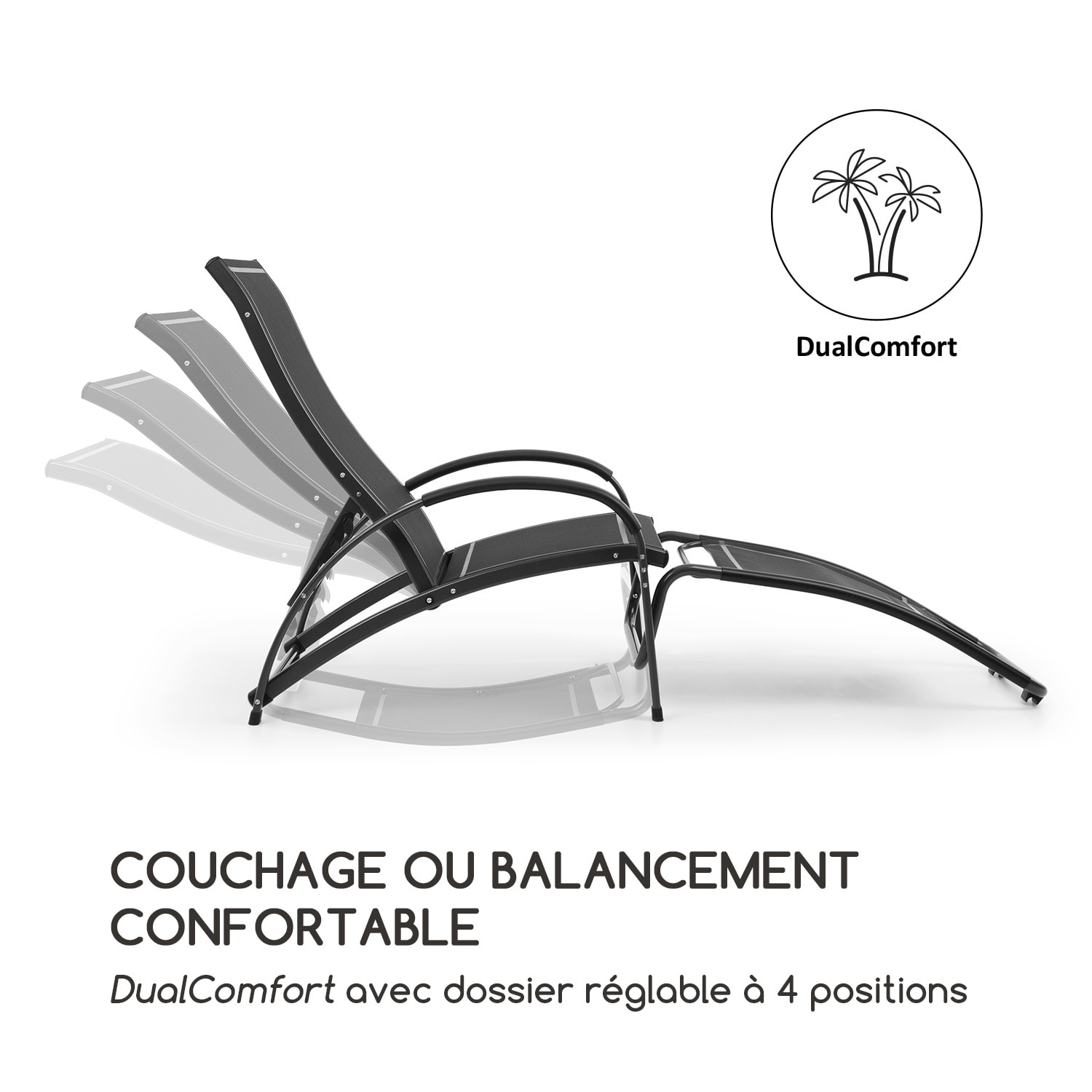 Beverly Wood Chaise longue à bascule bain de soleil aluminium noir Noir