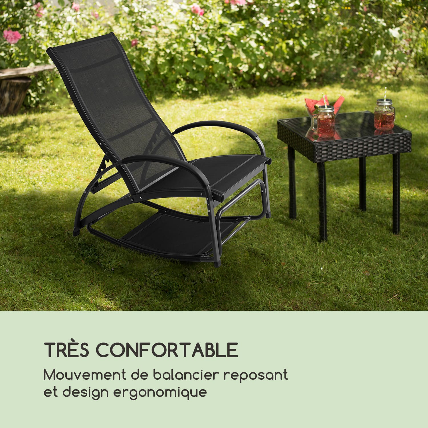 Beverly Wood Chaise longue à bascule bain de soleil aluminium noir Noir