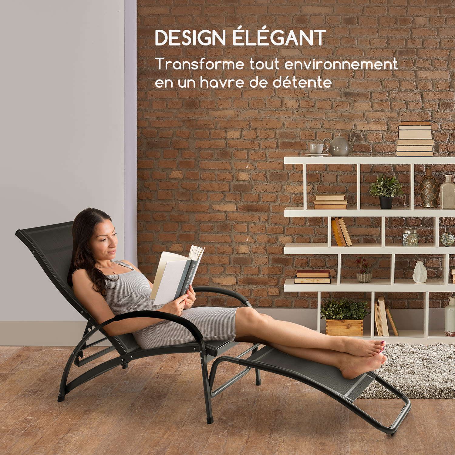 Beverly Wood Chaise longue à bascule bain de soleil aluminium noir Noir