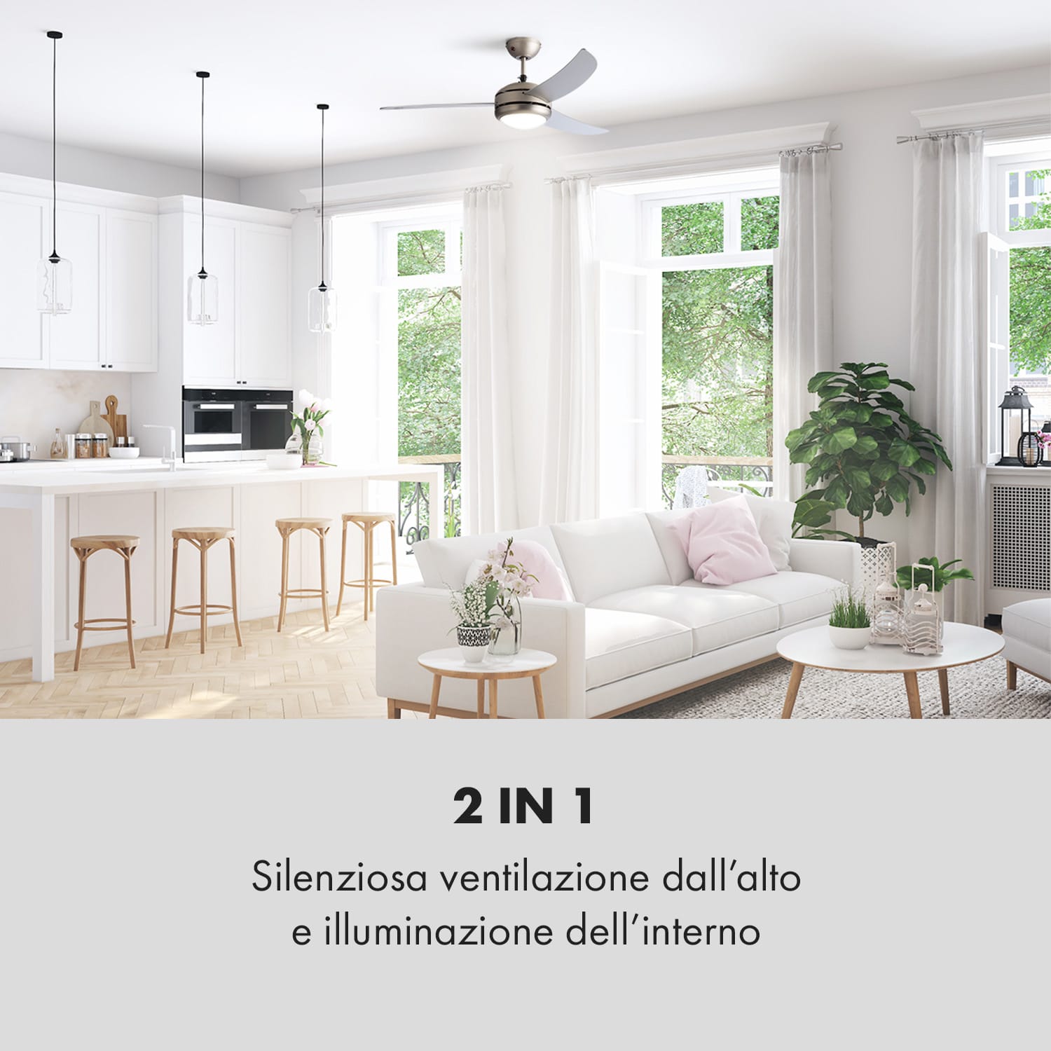 El Paso Ventilatore e Lampadario da Soffitto 52" 10.344m³/h 3 Pale argento 132 cm (stanze 13–25 m²) | Telecomando | Bianco