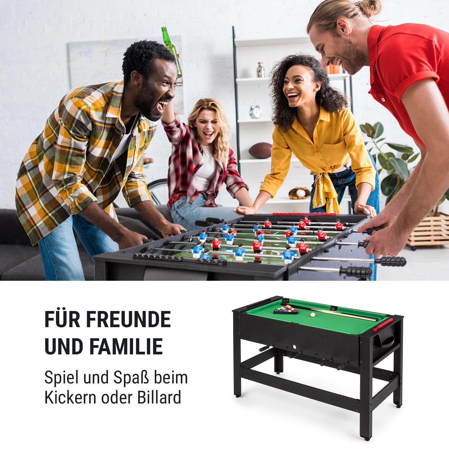 Spin 2-in-1 Spieletisch Billard Kicker 180° drehbar Spielzubehör Schwarz