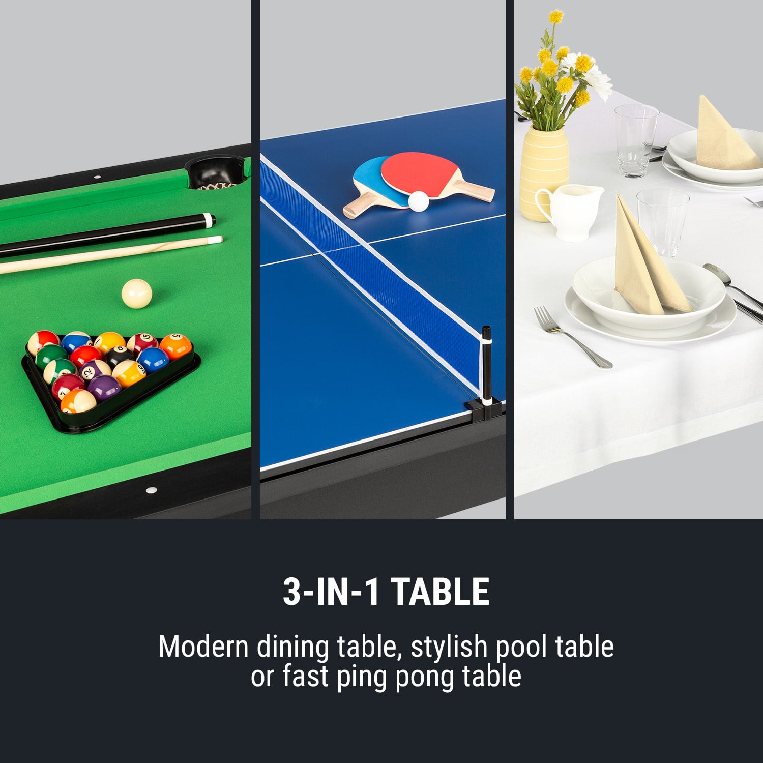 Liverpool, 3 az 1-ben, játékasztal, 7‘ biliárdasztal, asztalitenisz, étkezőasztal, fekete Fekete