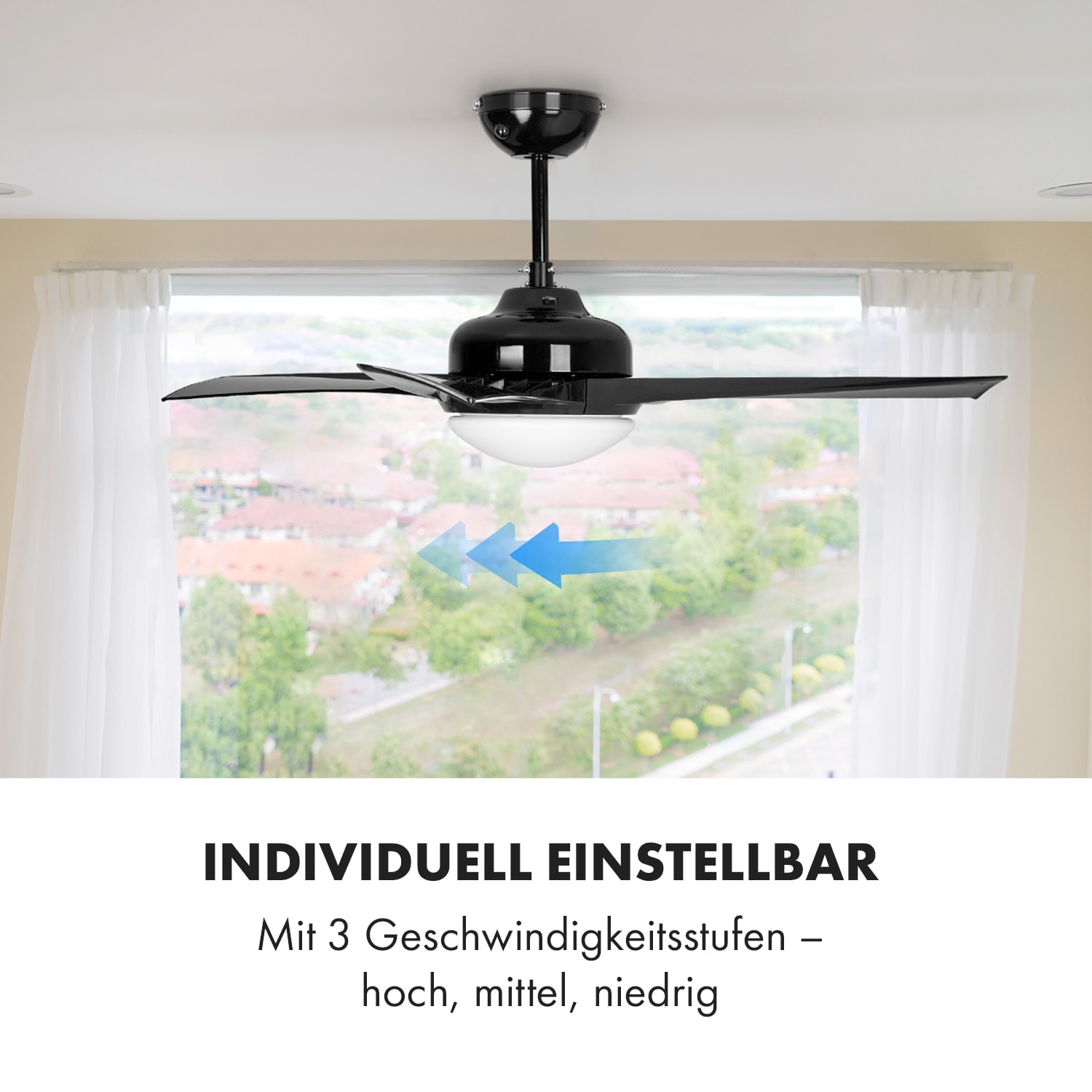 Figo Ventilatore da Soffitto, Ø: 52" (132 cm), Potenza: 55 Watt, nero 132 cm (stanze 13–25 m²) | Telecomando | Nero