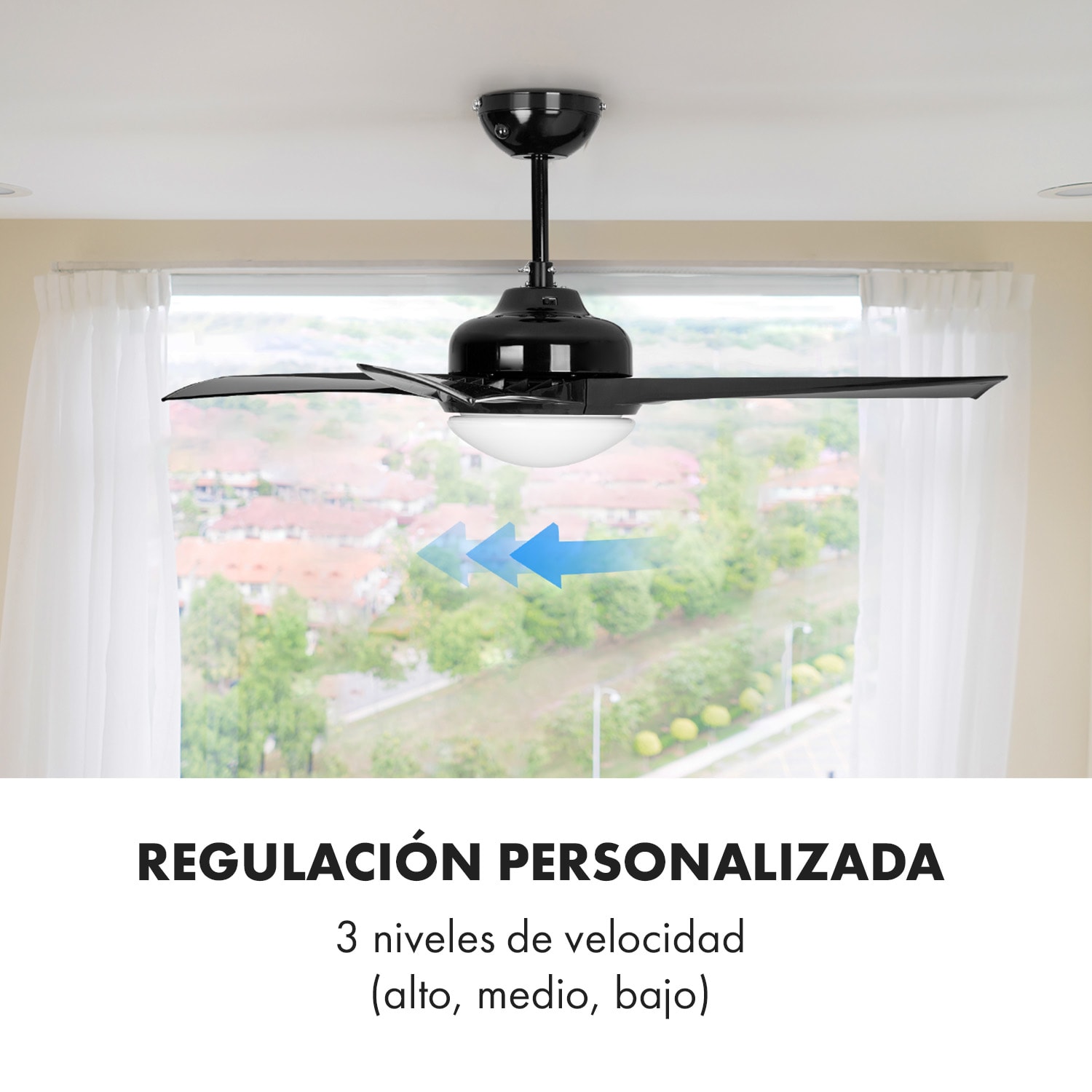 Figo Ventilador de techo de 52" (132 cm) Ø, Potencia: 55 W, Color negro 132 cm (habitaciones de 13 a 25 m²) | Mando a distancia | Negro