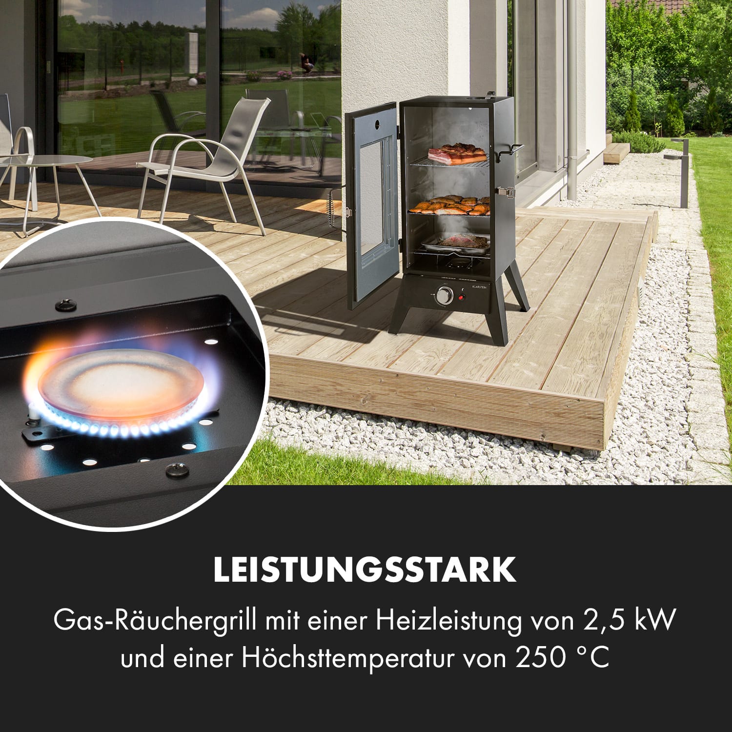 Pasadena Gas-Räuchergrill 2,5 kW Heizleistung 250 °C max. 52 x 97 x 50 cm