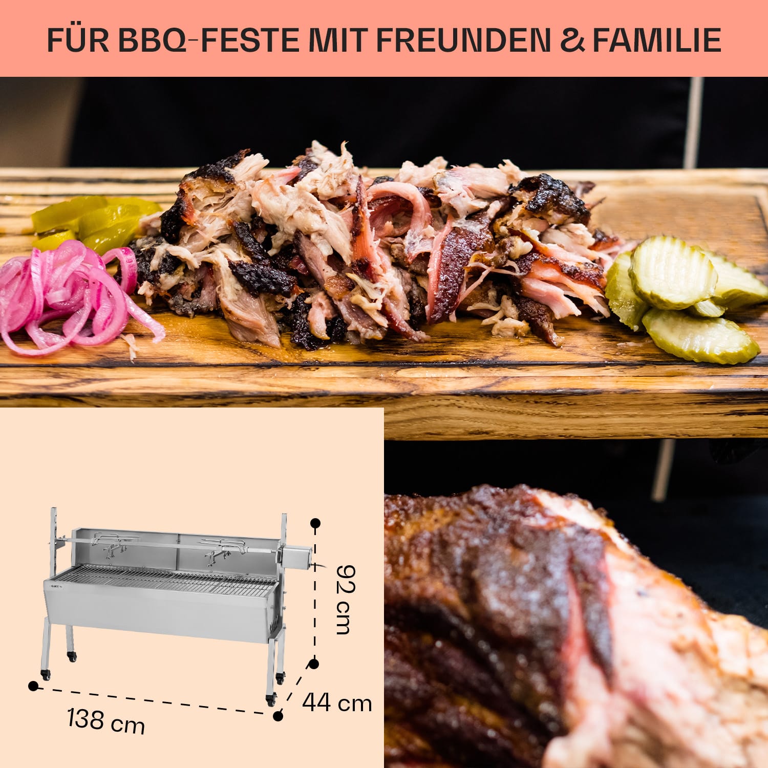 Sauenland Pro Barbecue broche pour cochon de lait 13W 4 roulettes inox 