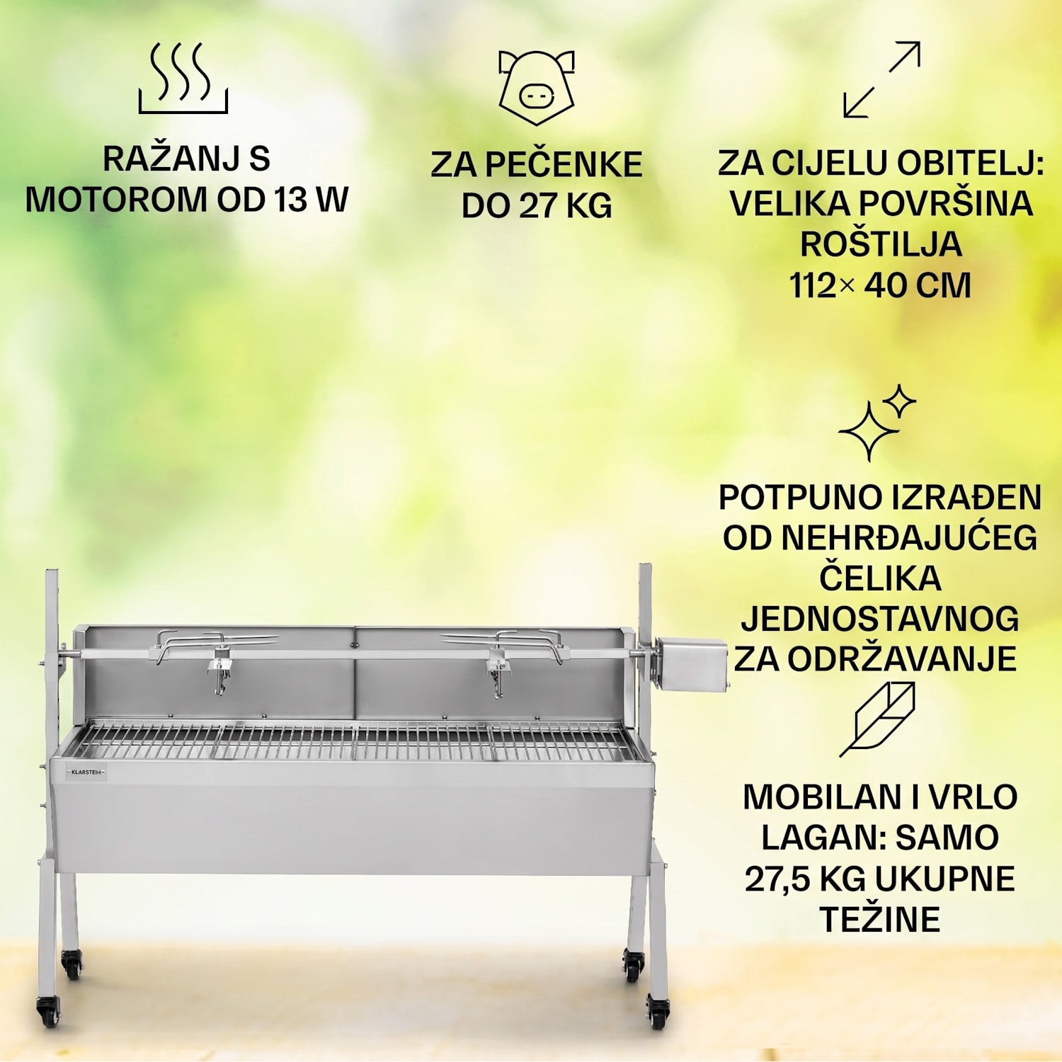 Sauenland Pro, roštilj za prase, okretni ražanj, 13W, 4 kotača, nehrđajući čelik 
