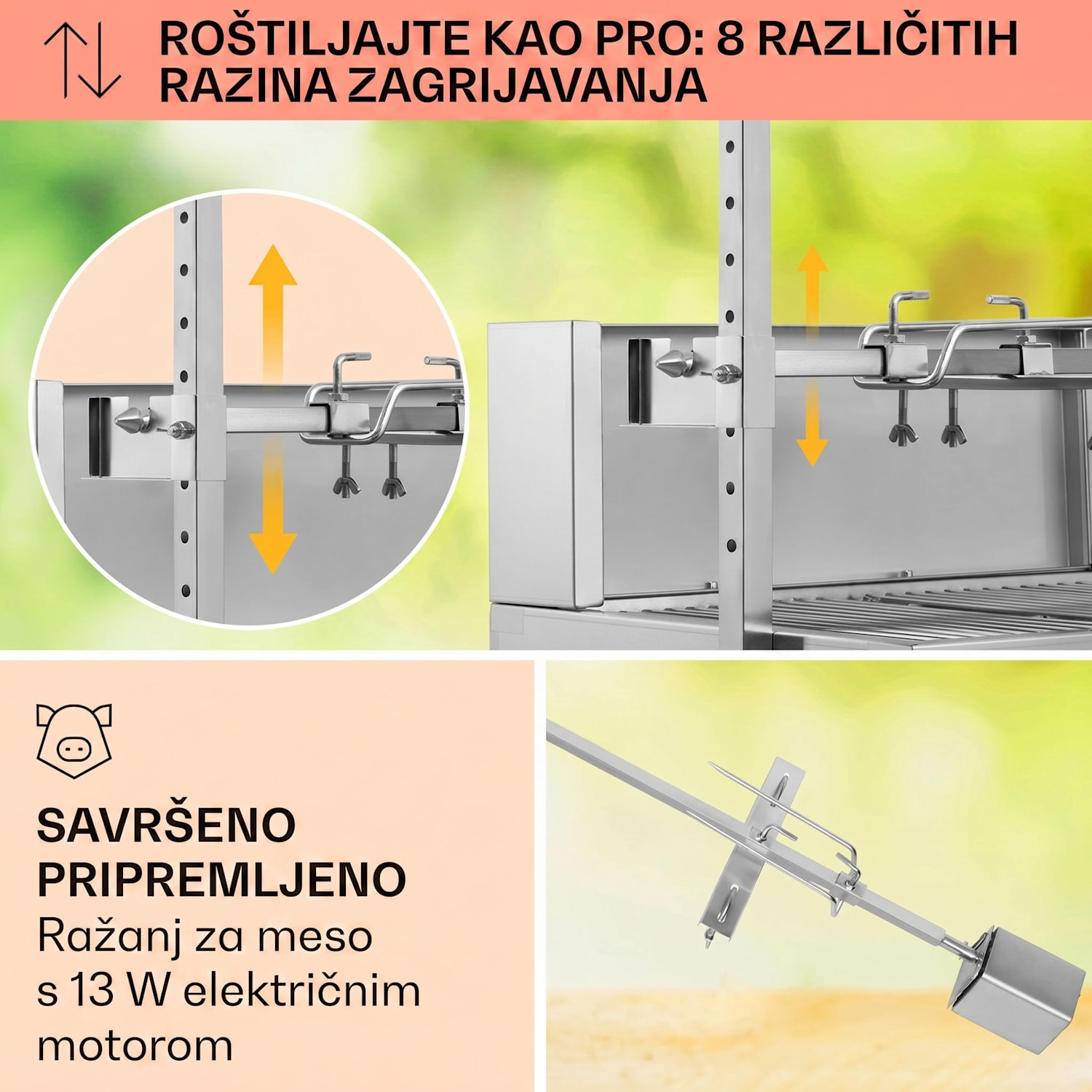 Sauenland Pro, roštilj za prase, okretni ražanj, 13W, 4 kotača, nehrđajući čelik 