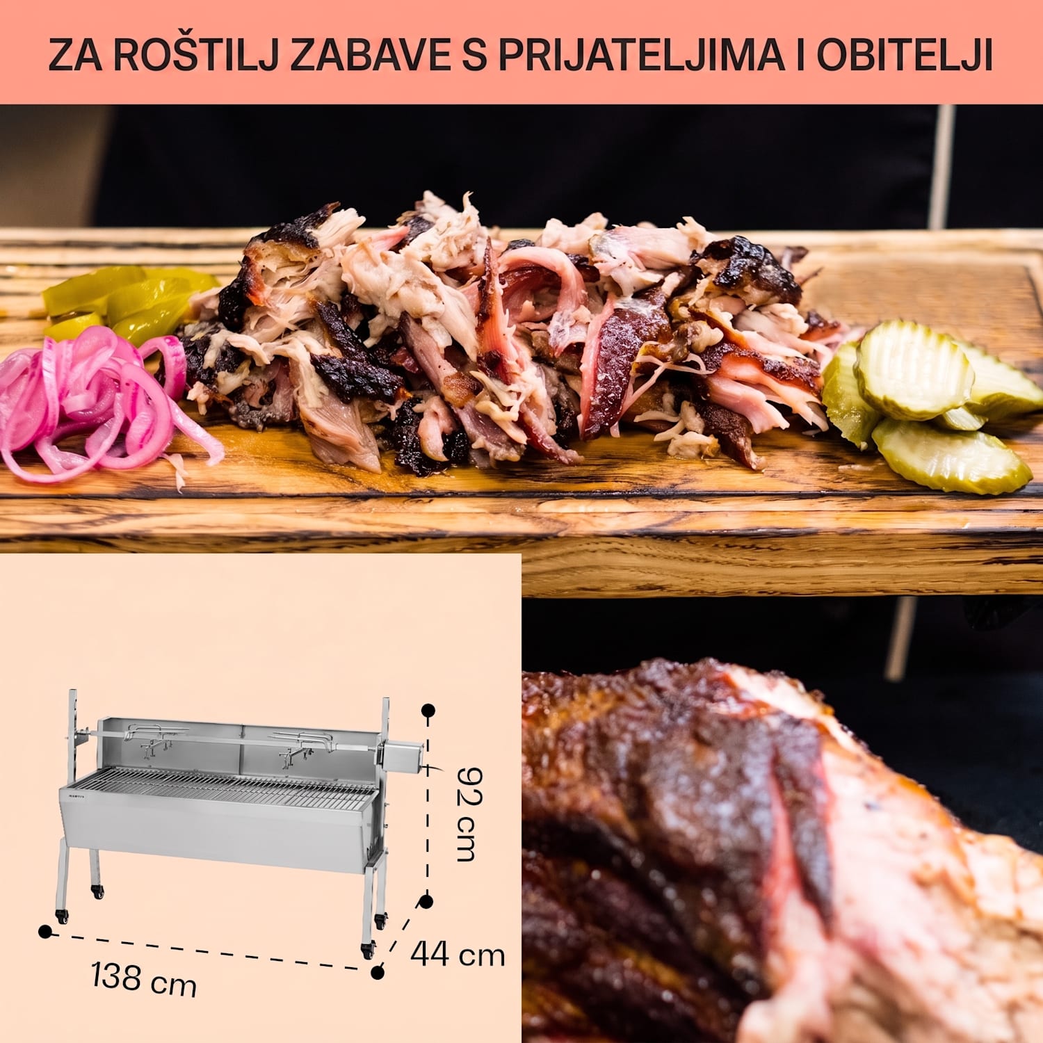 Sauenland Pro, roštilj za prase, okretni ražanj, 13W, 4 kotača, nehrđajući čelik 