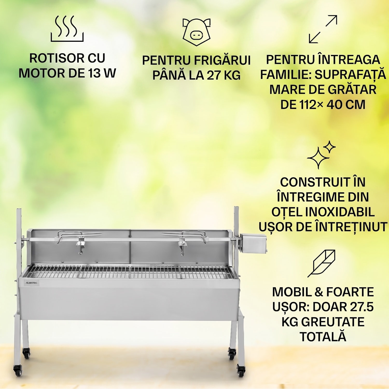 Sauenland Pro, grătar pentru prepararea porcușorilor, 13 W, 4 roți, oțel inoxidabil 