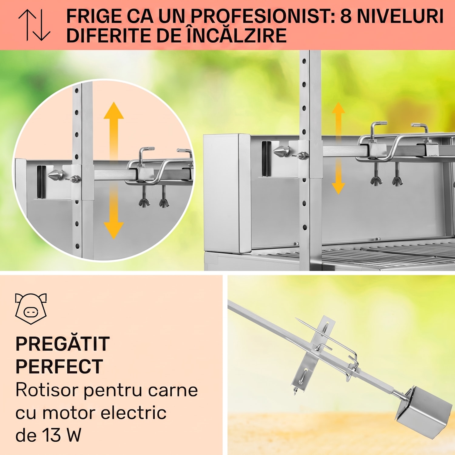 Sauenland Pro, grătar pentru prepararea porcușorilor, 13 W, 4 roți, oțel inoxidabil 