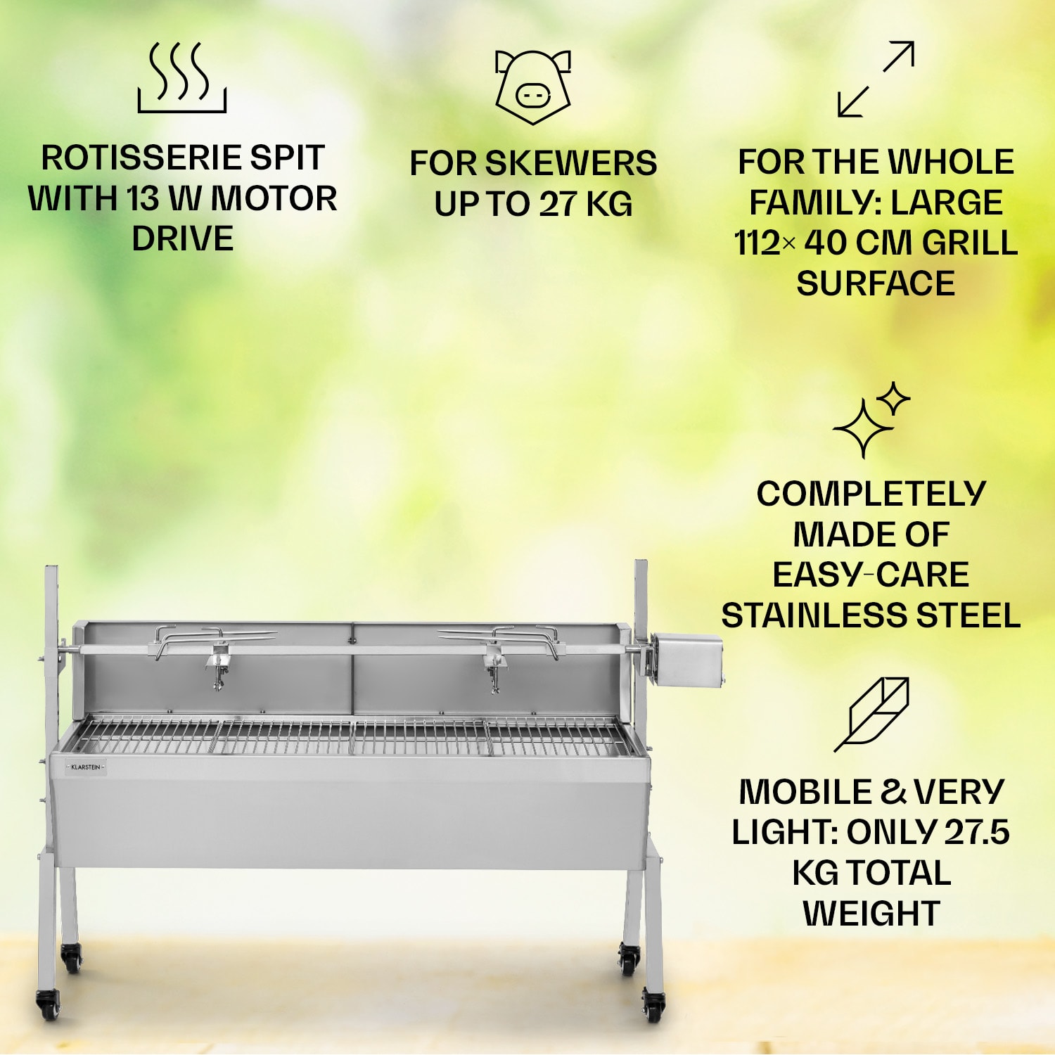 Sauenland Pro, žar za odojka, vrtljivi raženj, 13 W, 4 kolesa, plemenito jeklo 