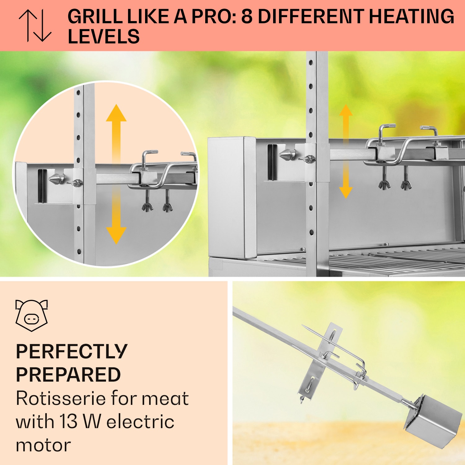 Sauenland Pro, žar za odojka, vrtljivi raženj, 13 W, 4 kolesa, plemenito jeklo 
