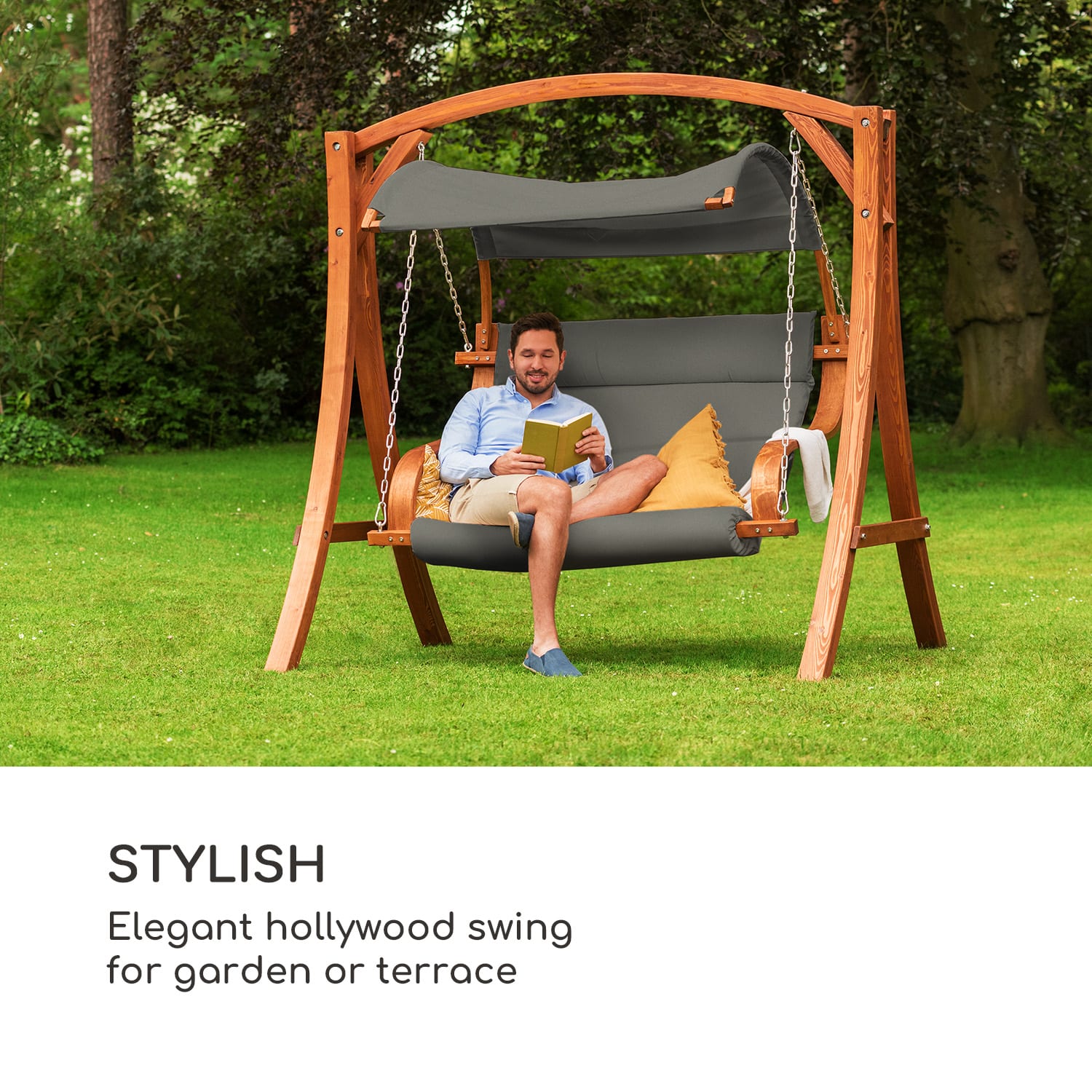 Maui, hollywoodska hintaágy, 110 cm, 2 hely, masszív fa, poliészter, sötét szürke Sötét szürke