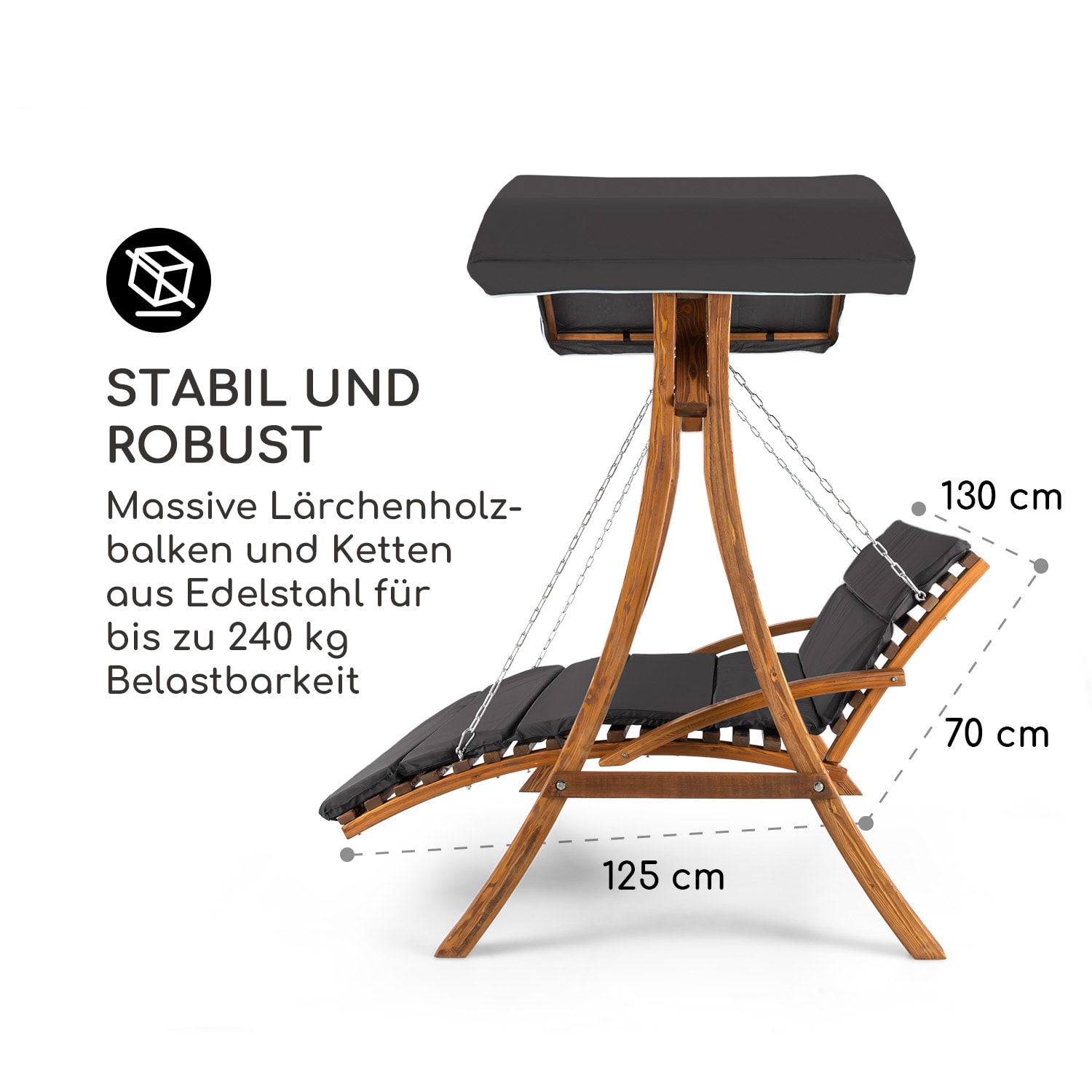 Aruba Hollywoodschaukel Sonnendach 130cm 2-Sitzer Massivholz Grau Dunkelgrau