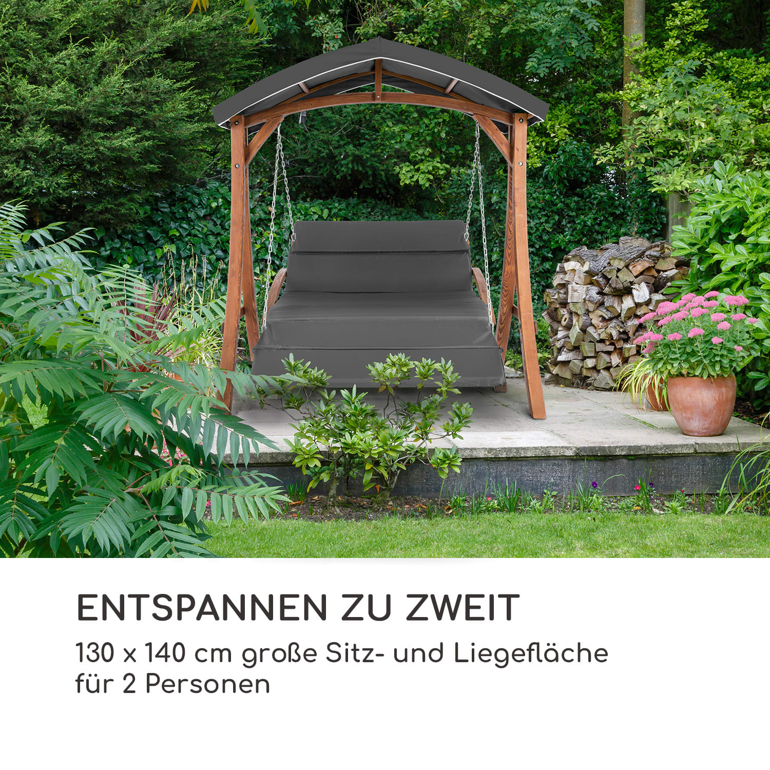 Aruba Hollywoodschaukel Sonnendach 130cm 2-Sitzer Massivholz Grau Dunkelgrau
