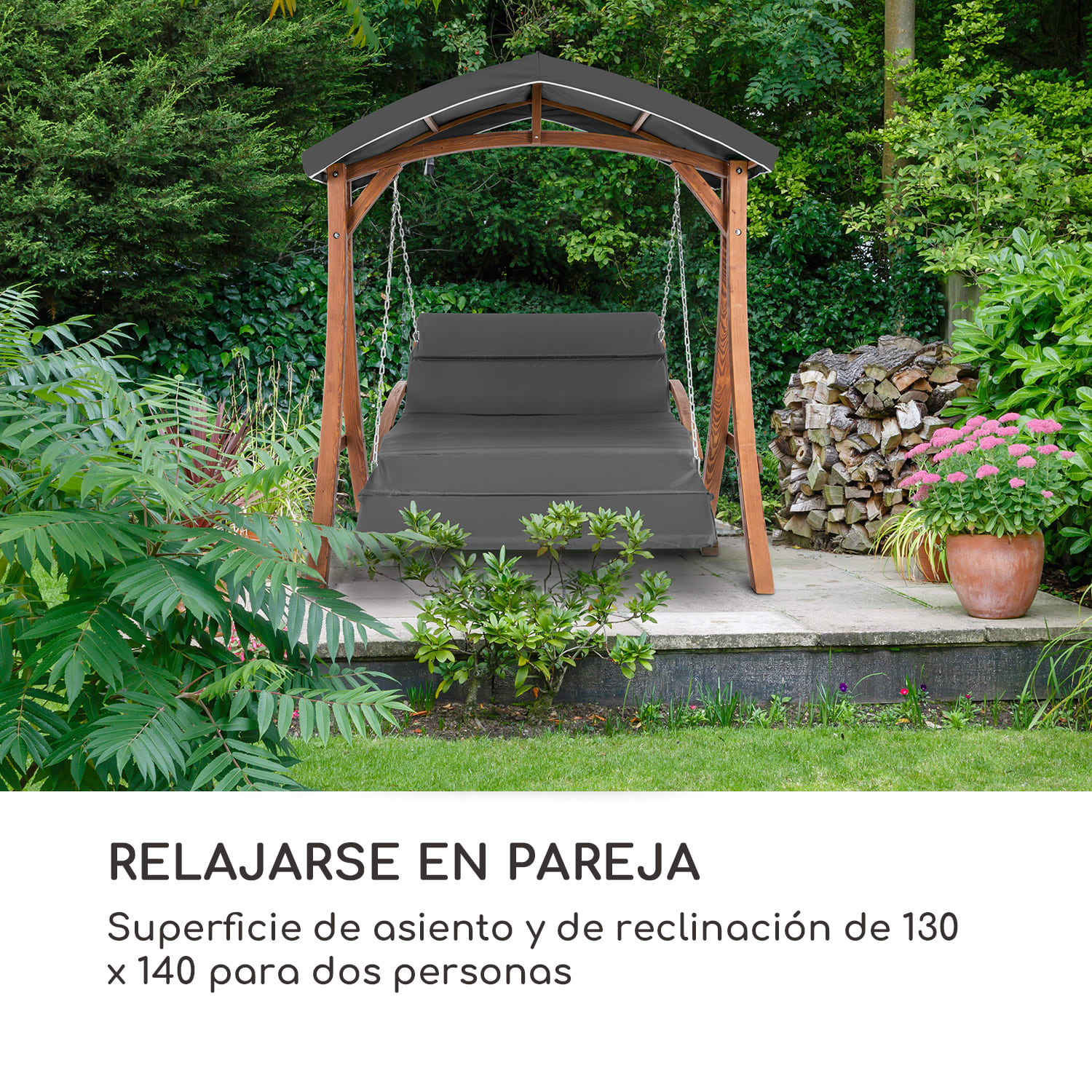 Aruba Columpio de jardín con toldo 130 cm 2 asientos Madera Gris Gris Oscuro