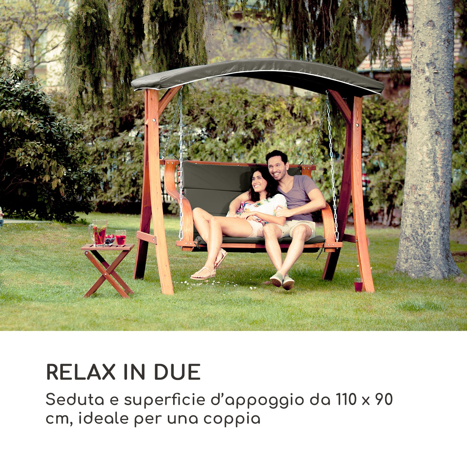 Tahiti Dondolo Hollywood Parasole 110cm 2 Posti Legno Massello grigio Grigio scuro