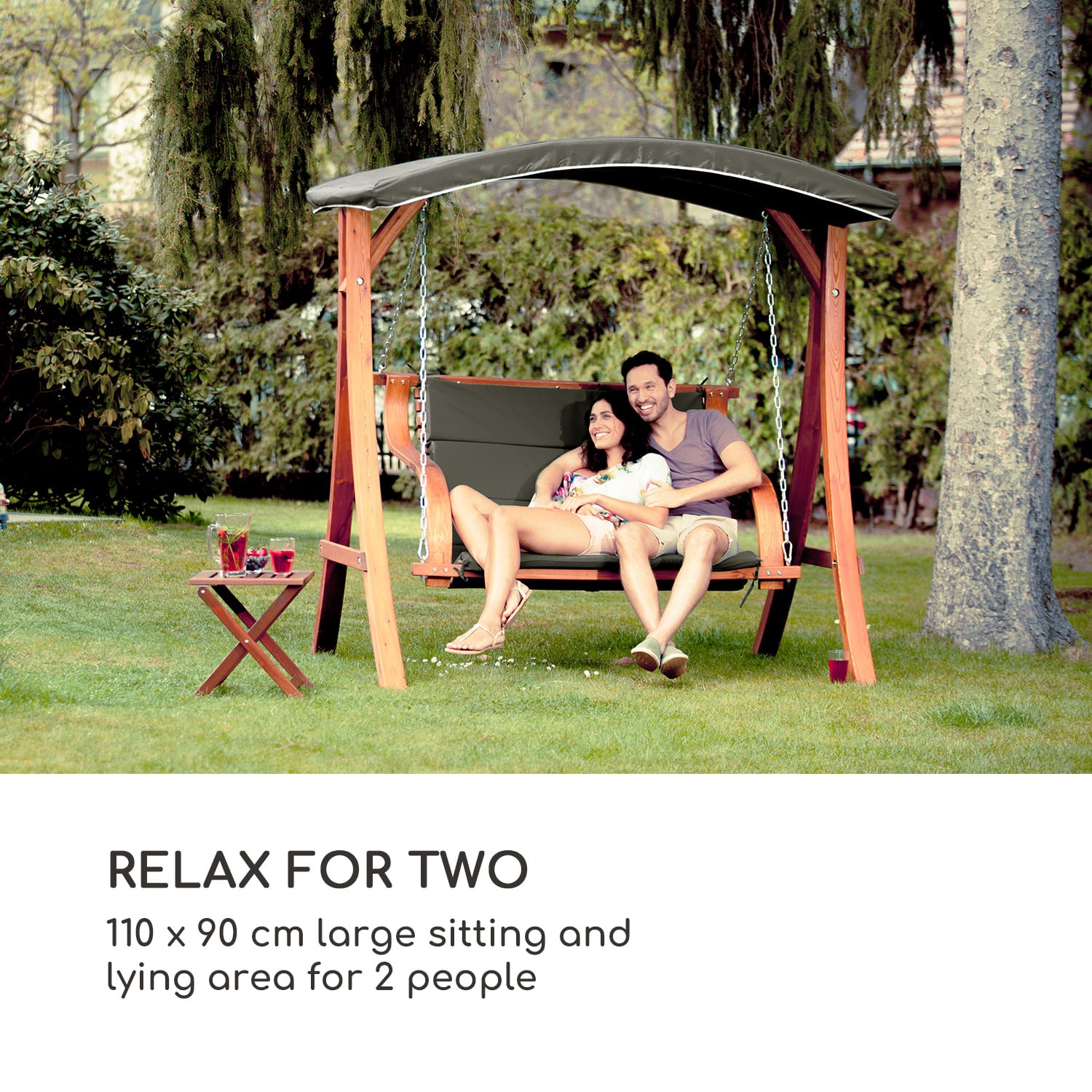 Tahiti, huśtawka ogrodowa, zadaszenie przed słońcem, 110 cm, 2 miejsca, masyw, szara 