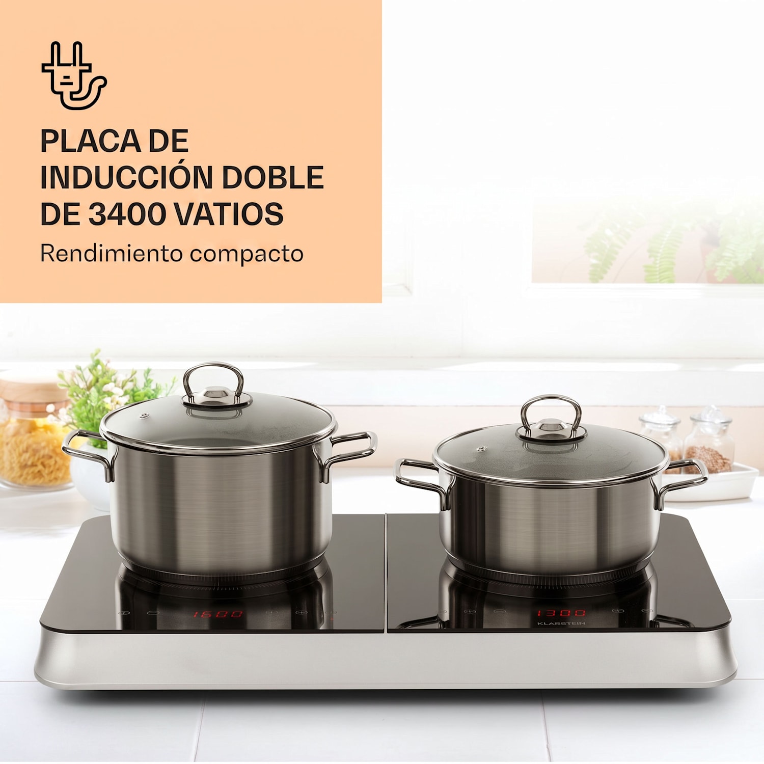 InnoChef Placa de inducción de 3400W con control táctil y vitrocerámica Negro / Plata Metálica