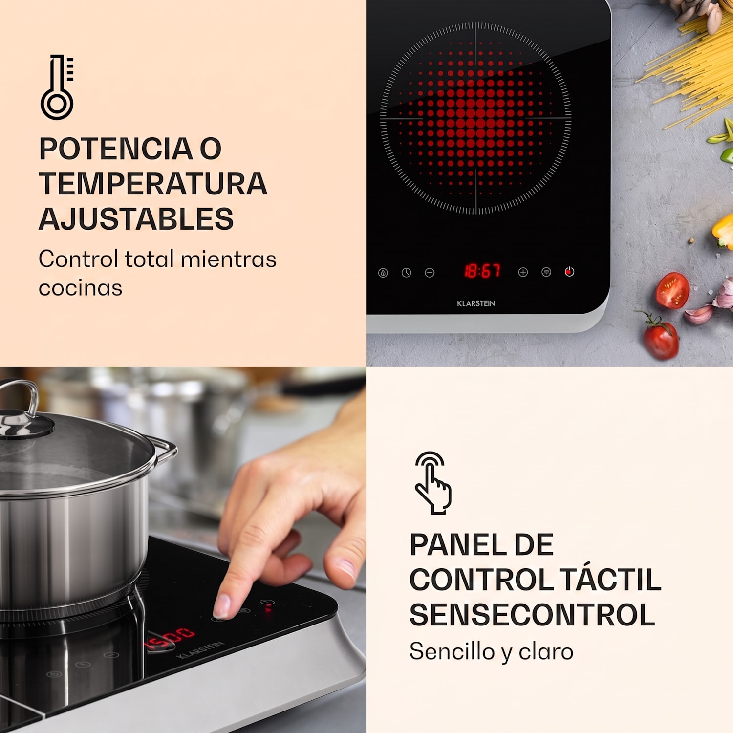 InnoChef Placa de inducción de 3400W con control táctil y vitrocerámica Negro / Plata Metálica