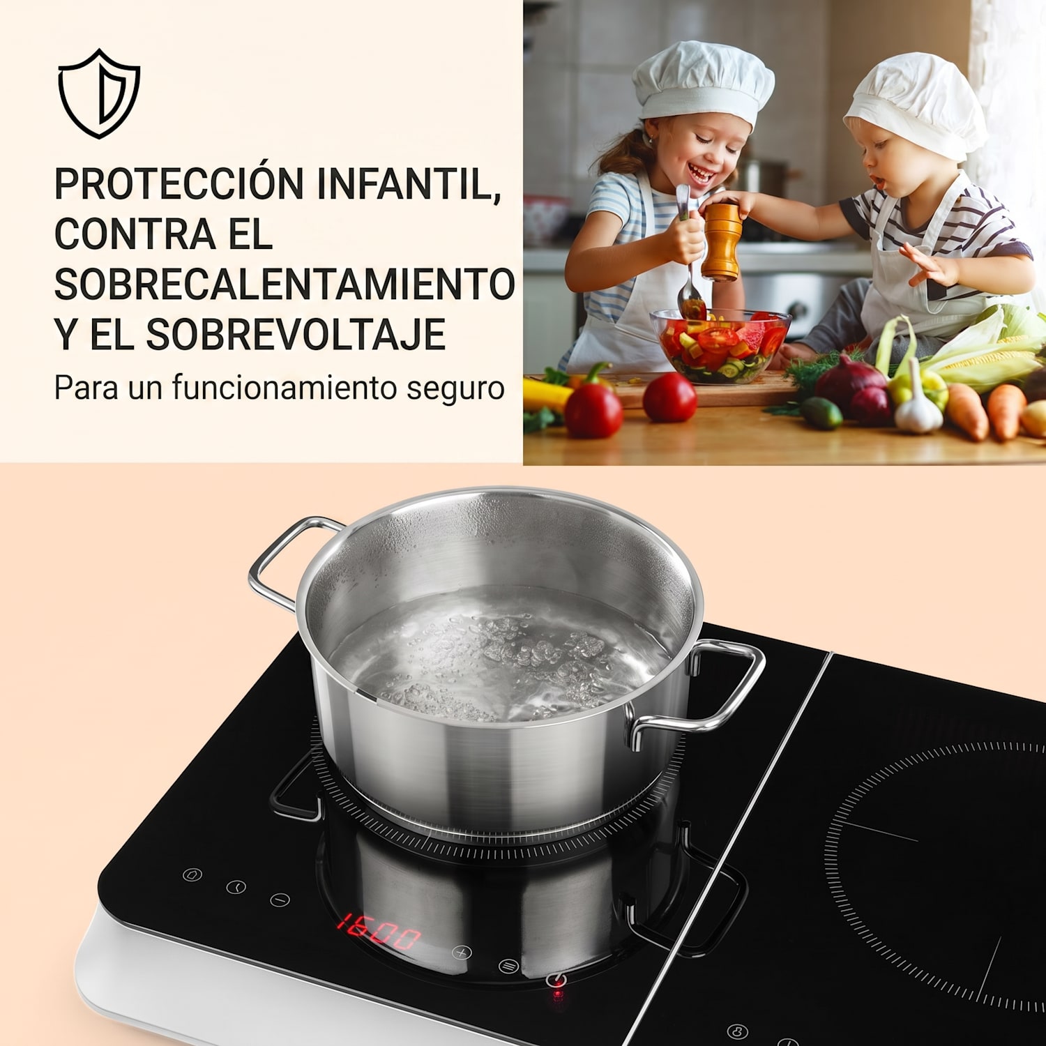 InnoChef Placa de inducción de 3400W con control táctil y vitrocerámica Negro / Plata Metálica
