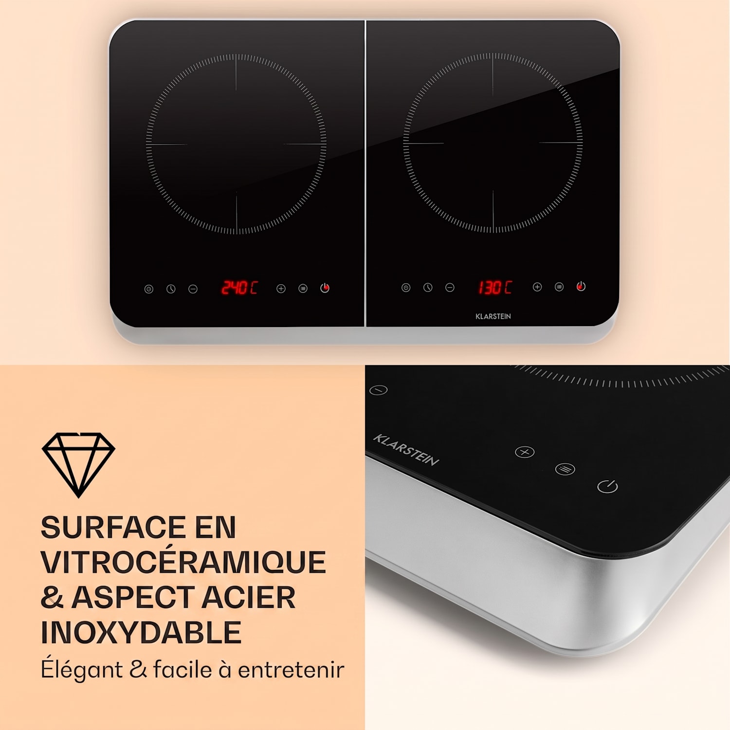 InnoChef Plaque de cuisson à induction 3400W Touch Control Verre céramique Noir / Argent Métallisé
