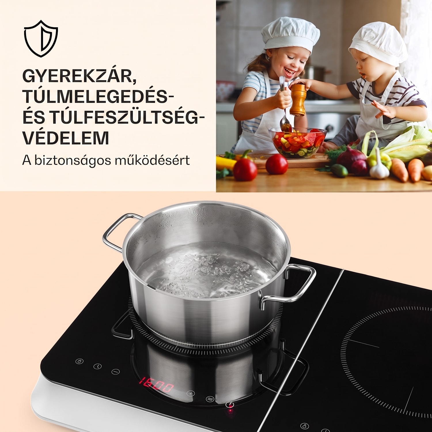 InnoChef, indukciós főzőlap, 3400 W, érintésvezérlés, üvegkerámia Fekete / Ezüst metál