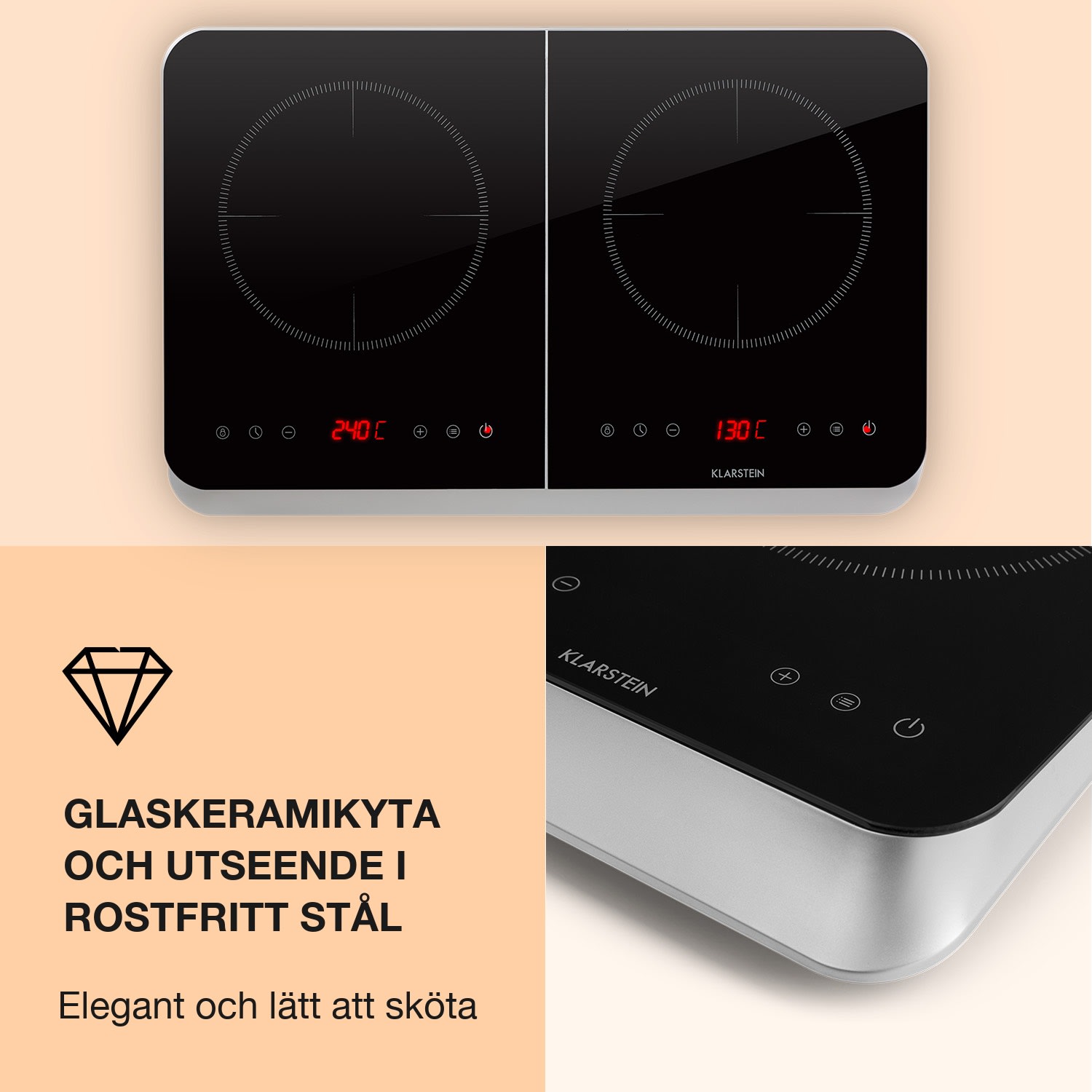 InnoChef induktionshäll 3400 W med touchkontroll glaskeramik Svart / Silver Metallic