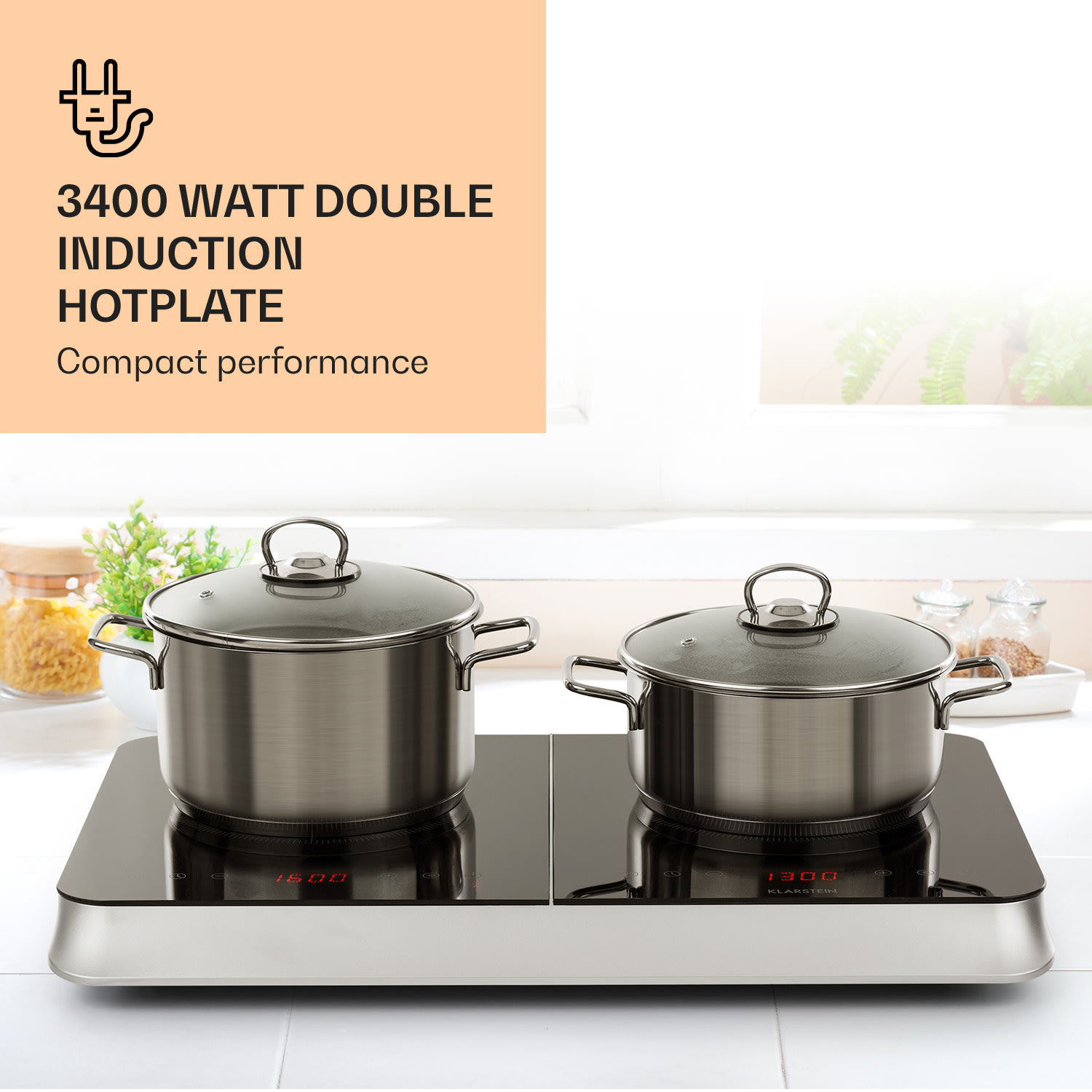 InnoChef Placa de inducción de 3400W con control táctil y vitrocerámica Negro / Plata Metálica