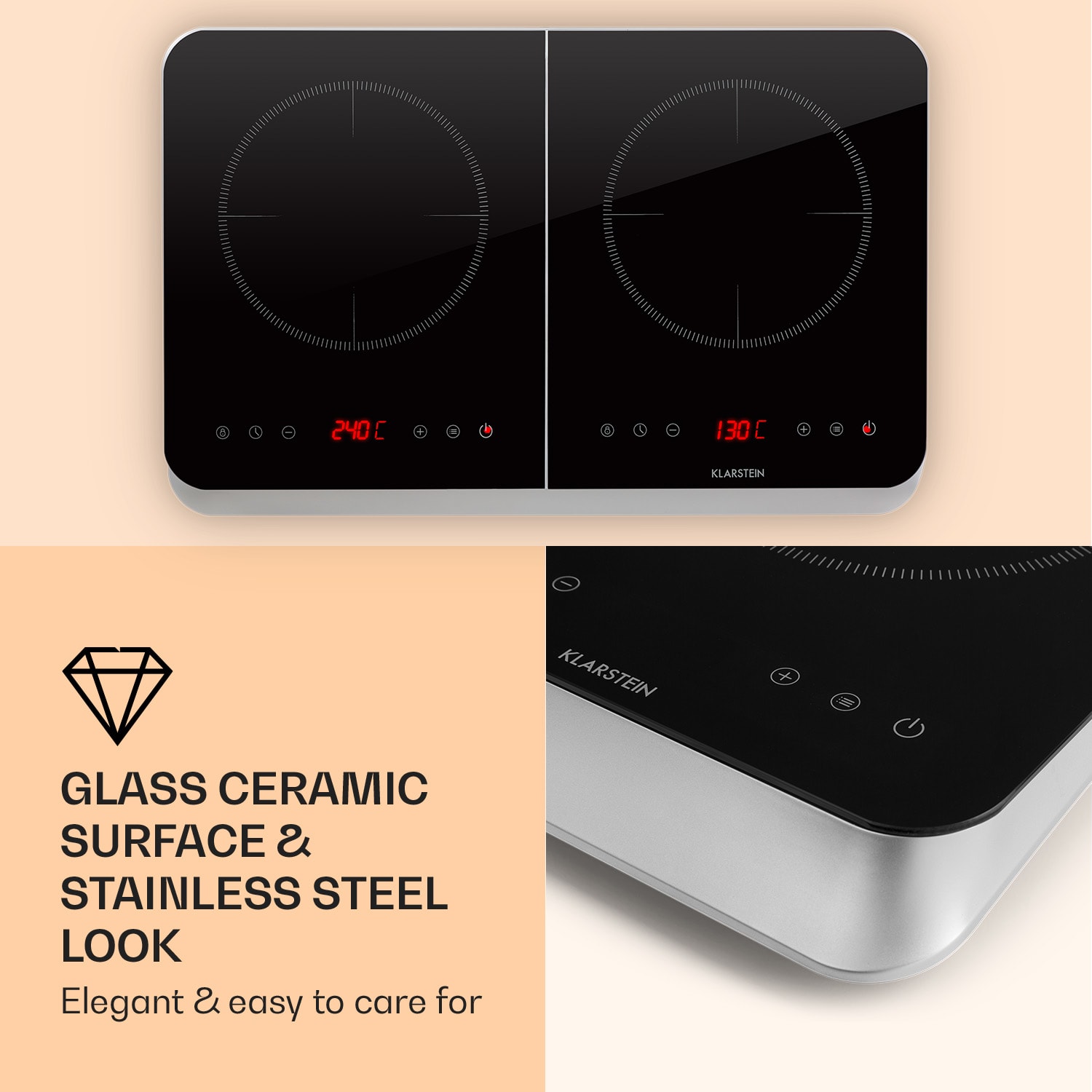 InnoChef Placa de inducción de 3400W con control táctil y vitrocerámica Negro / Plata Metálica