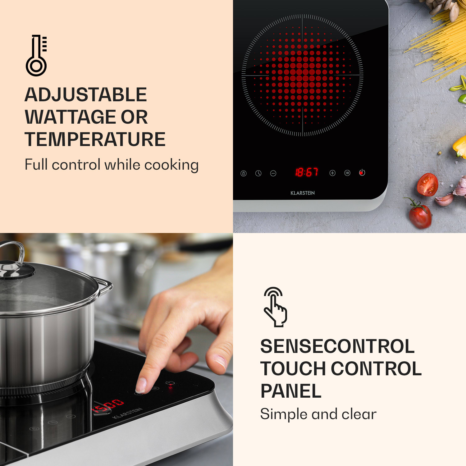 InnoChef Placa de inducción de 3400W con control táctil y vitrocerámica Negro / Plata Metálica